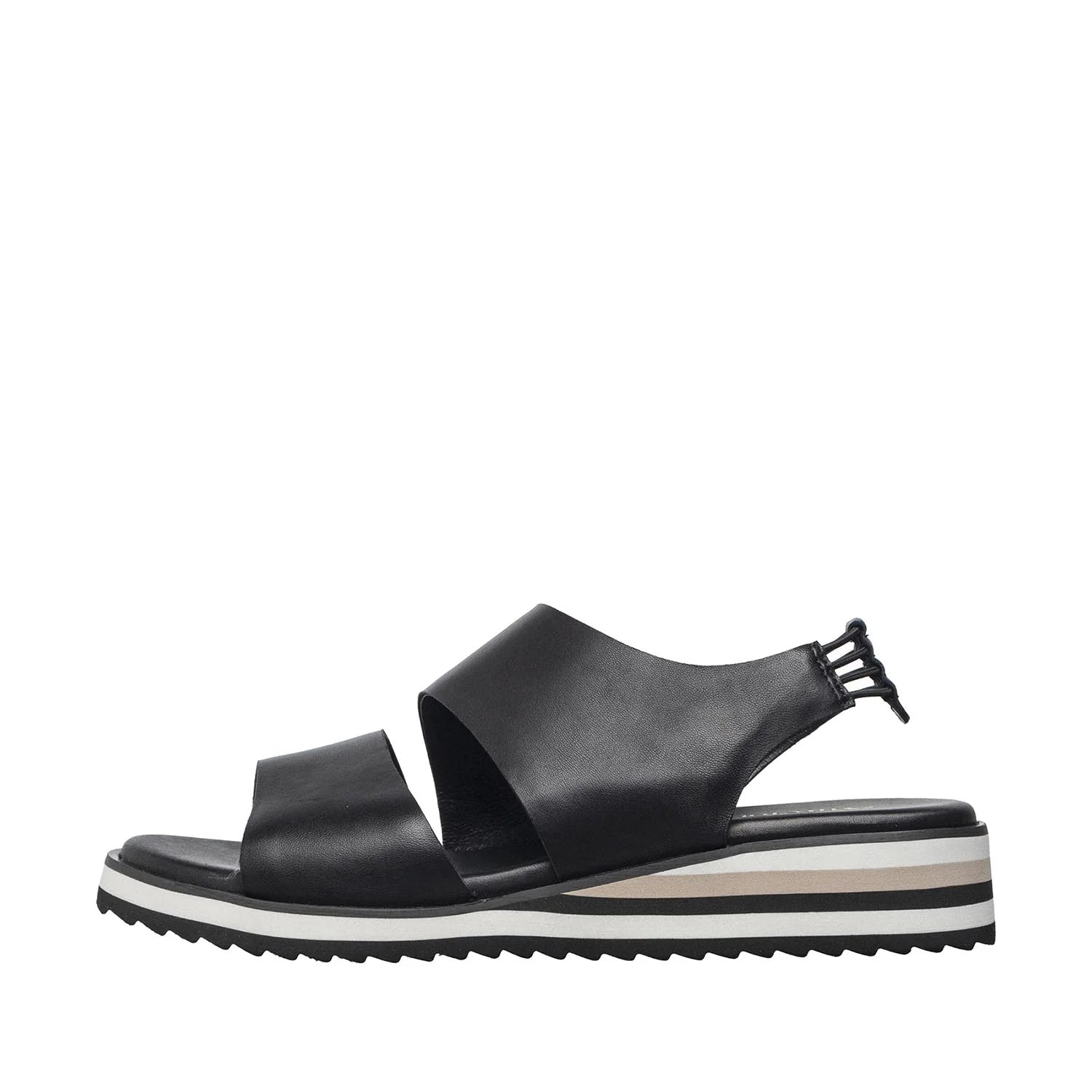 Black sandal with a white sole on a white background