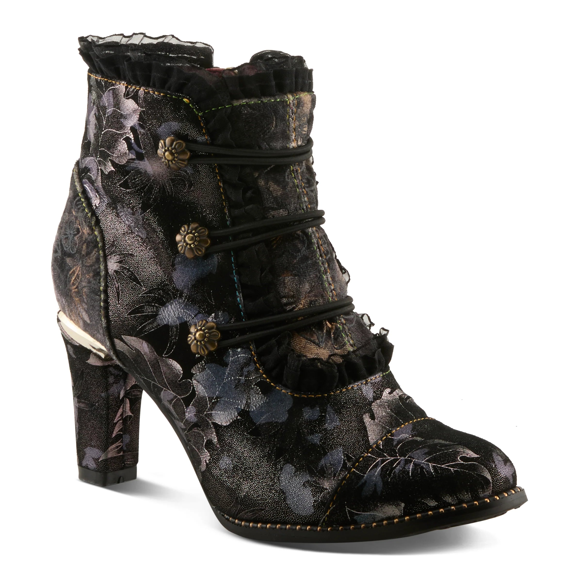 Black floral embroidered boot with decorative elements on a white background