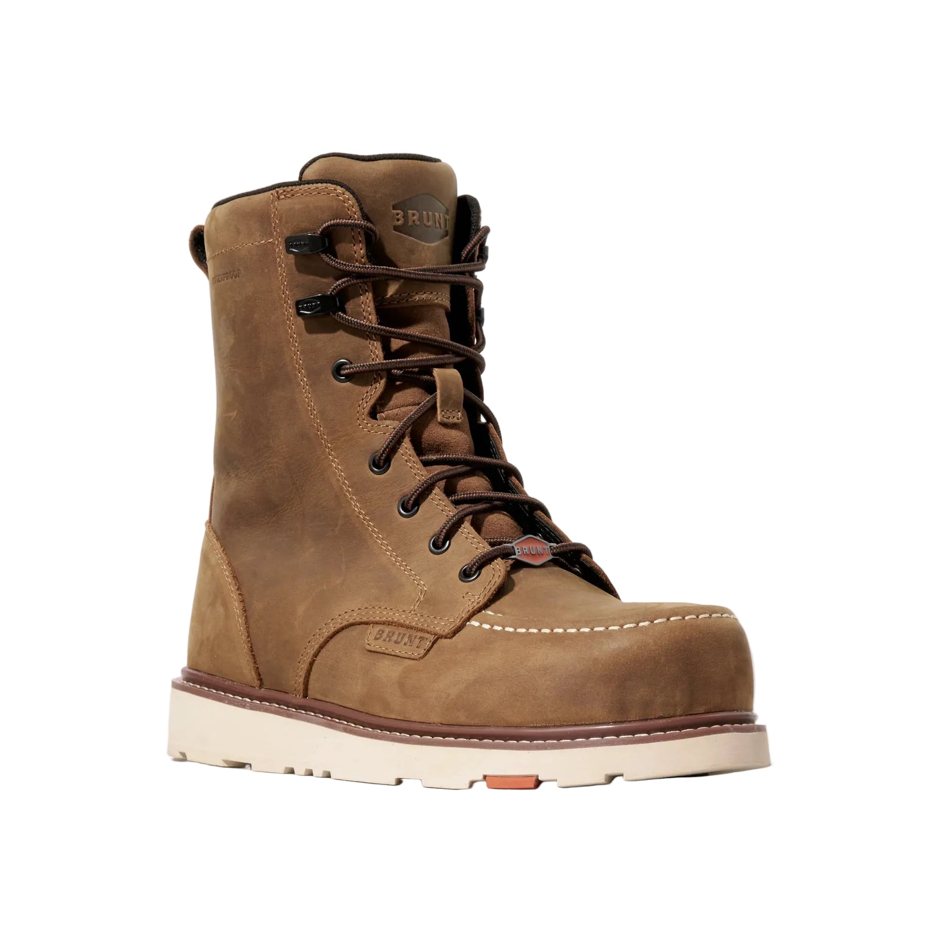 Brown leather boot with white sole on a light gray background