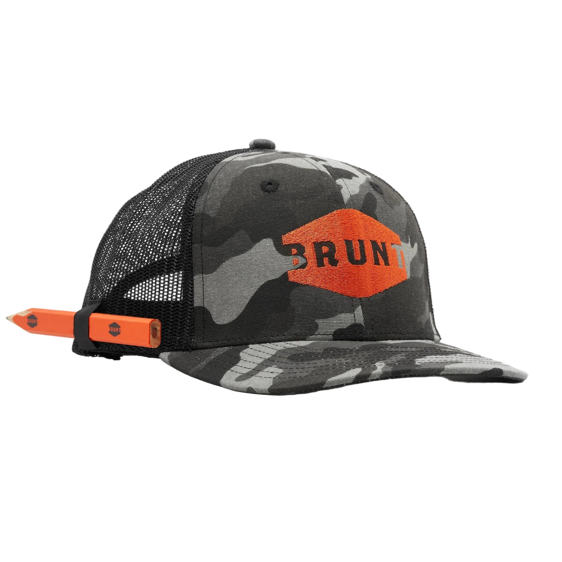 Camouflage trucker hat with orange accents and 'BRUNT' logo on a white background