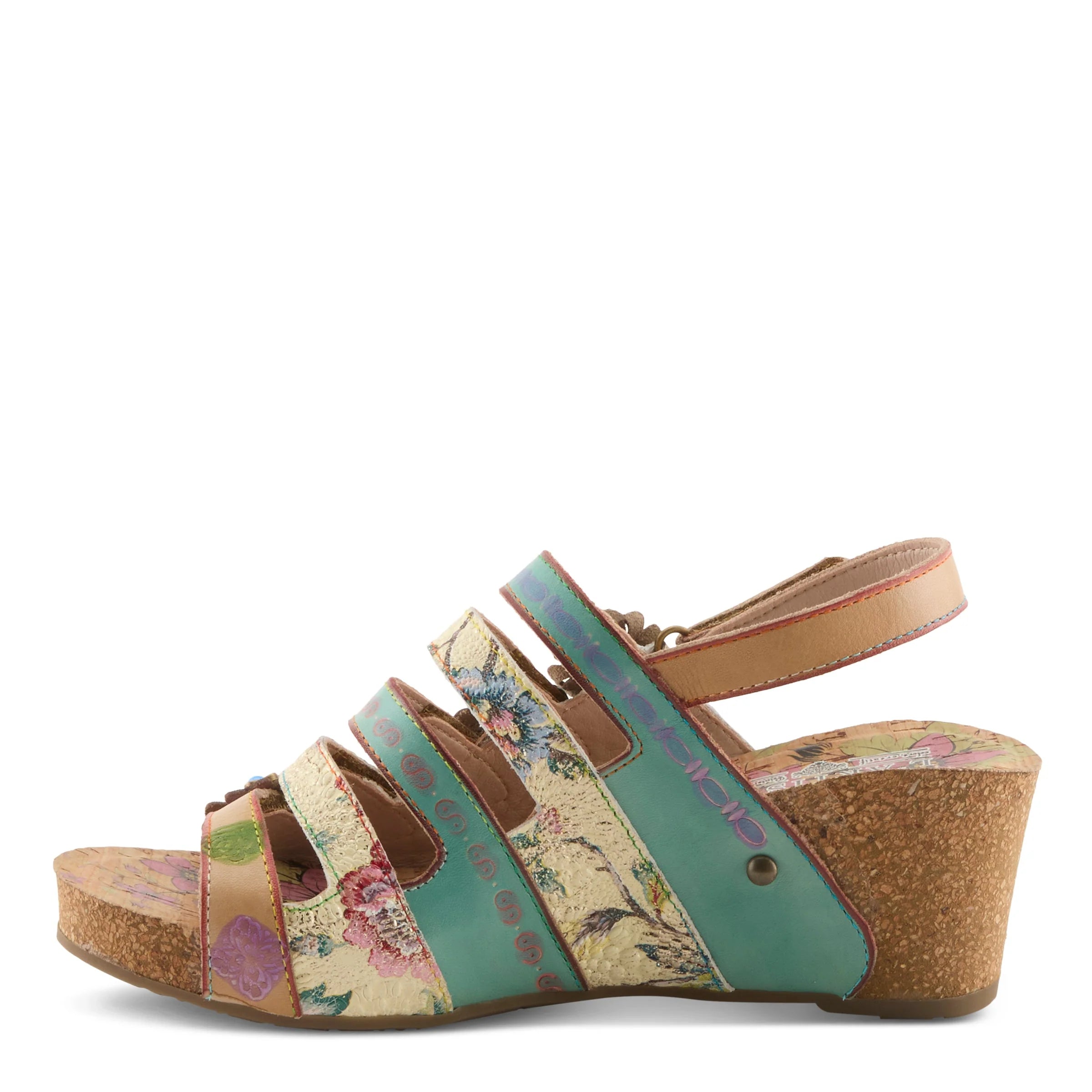 Multicolored wedge sandal with floral pattern on a white background