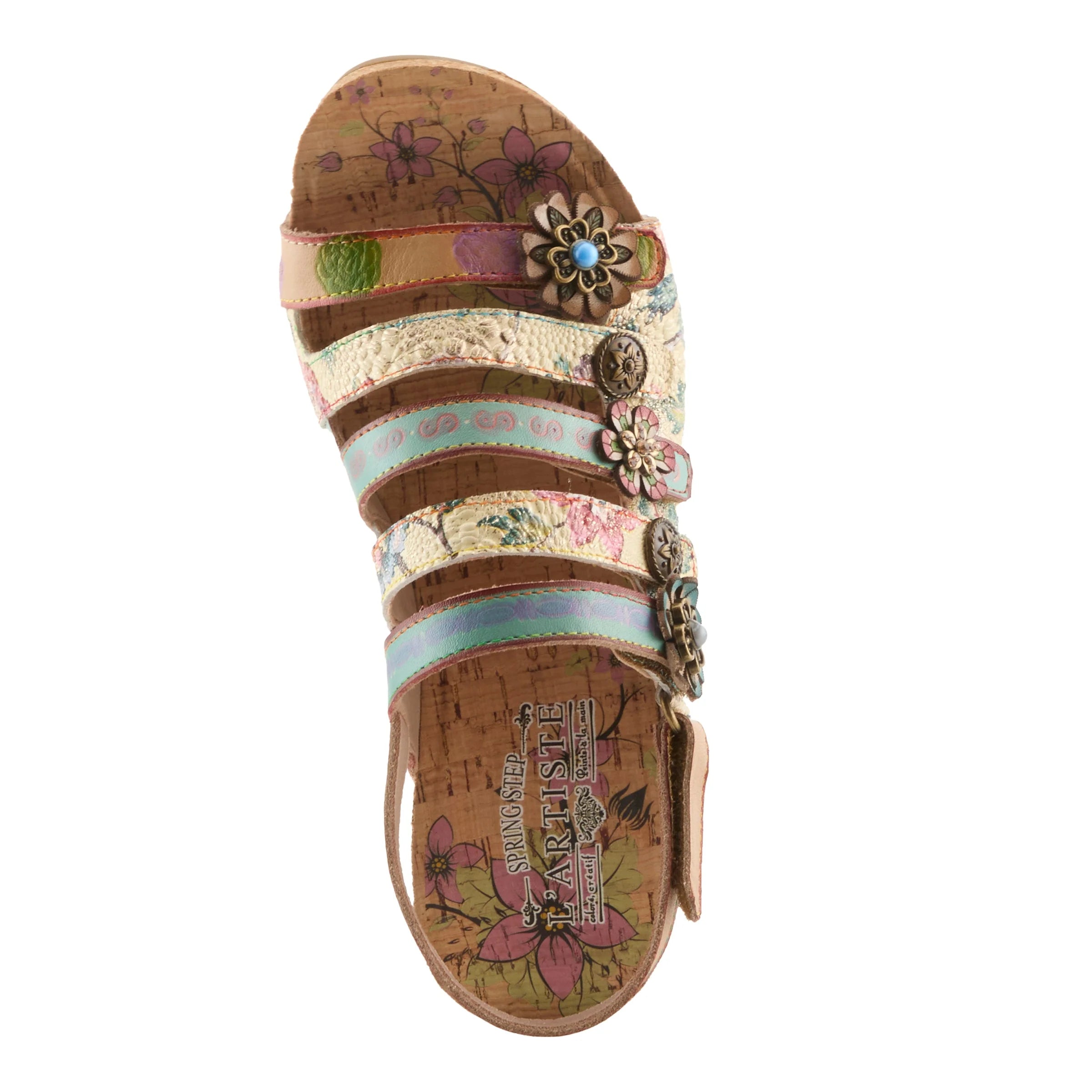 Multicolored sandal with floral patterns and decorative elements on a white background