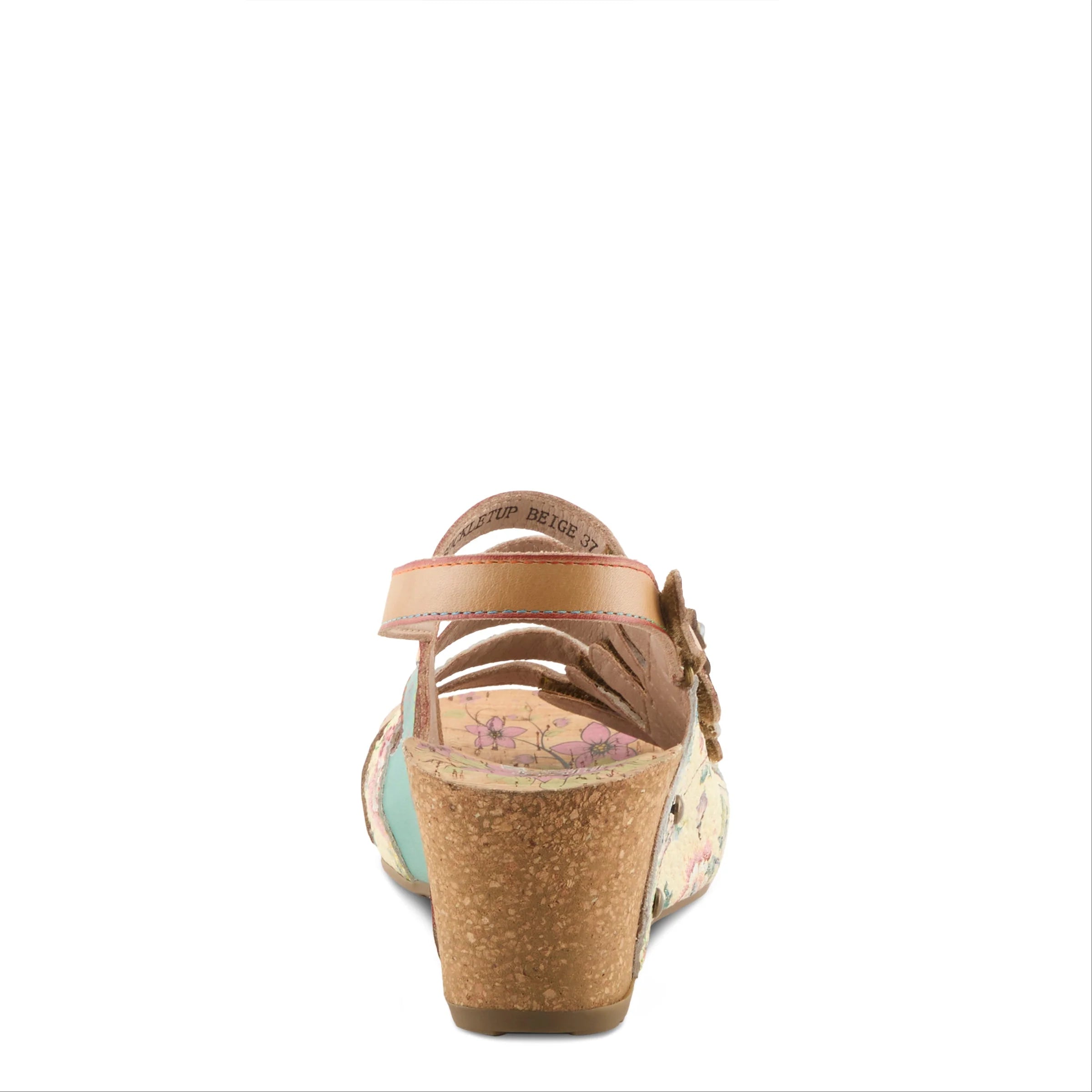 Wedge sandal with floral design on a white background