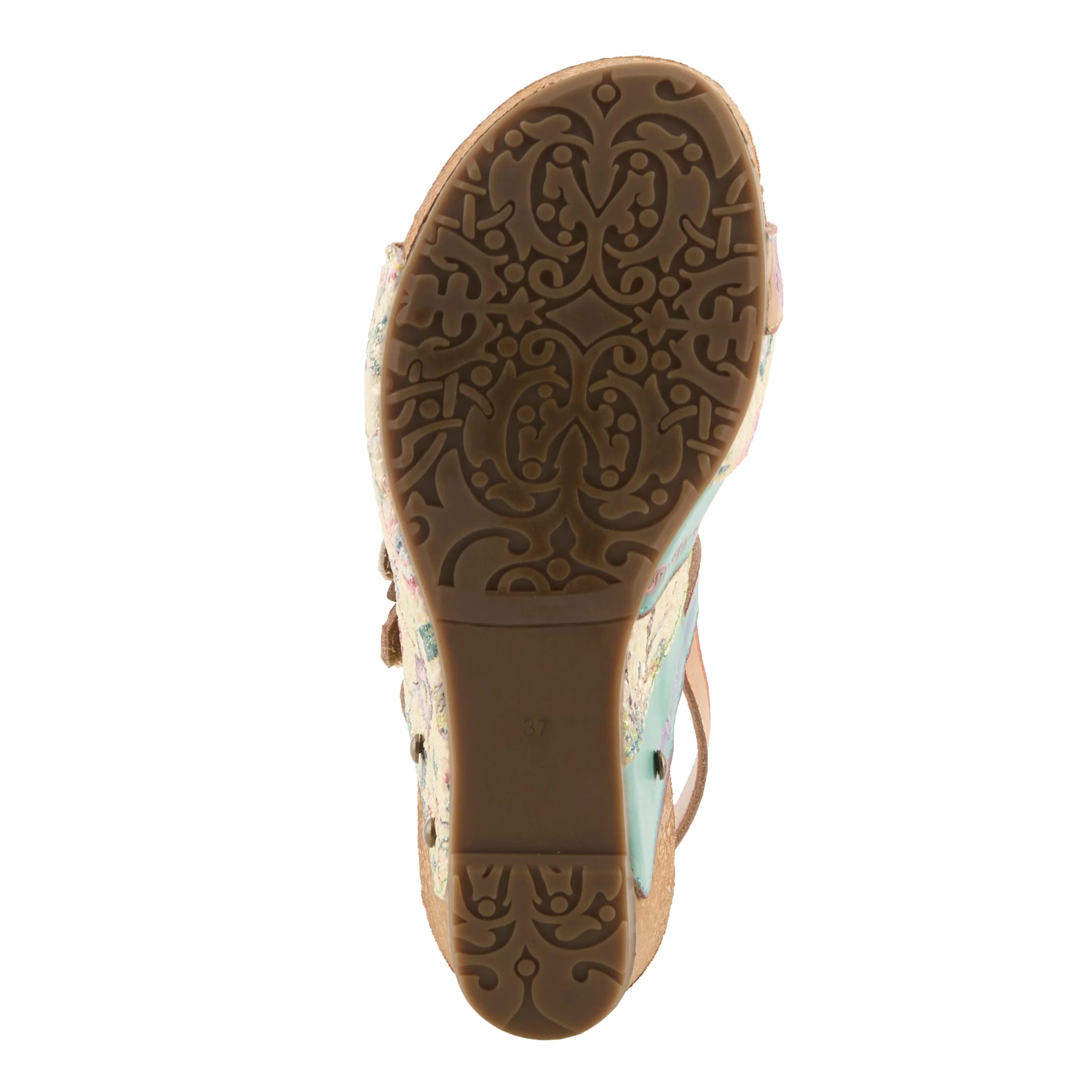 Close-up of a sandal sole with detailed pattern on a white background