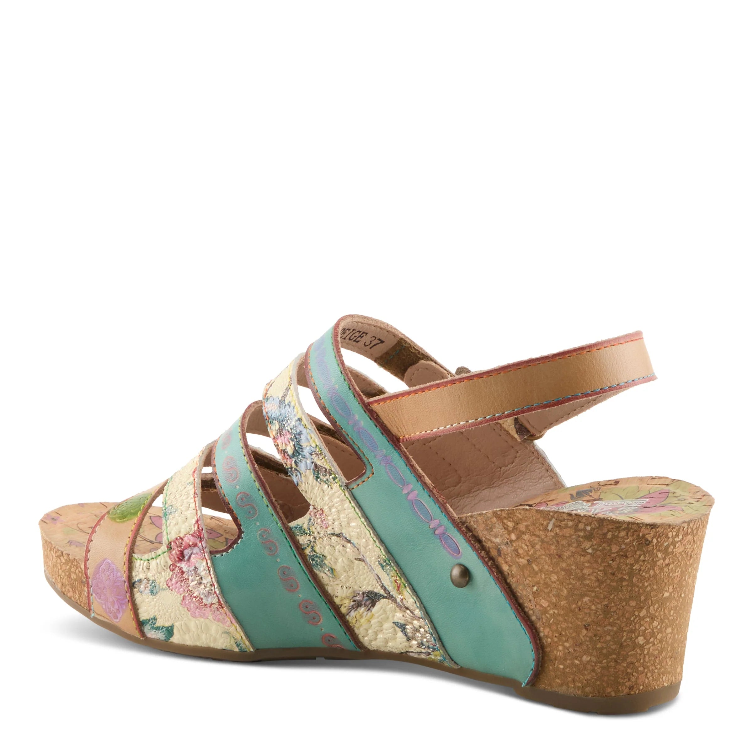 Wedge sandal with floral pattern on a white background