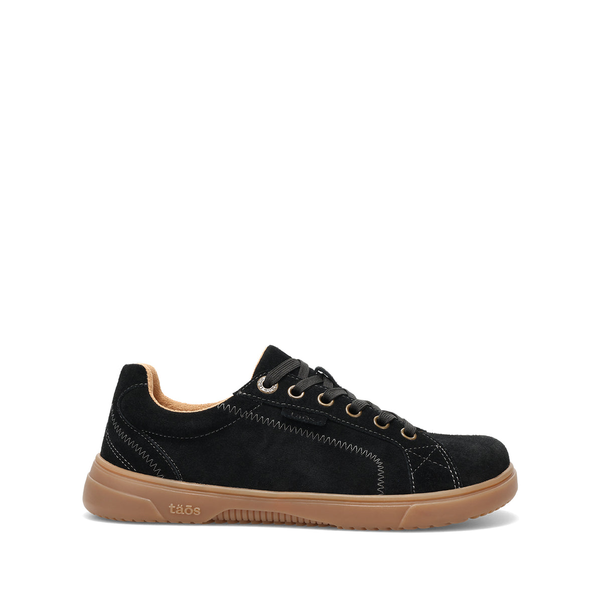 A black suede low-top sneaker with a tan gum sole, black laces, and gold eyelets, shown in a side profile on a white background.