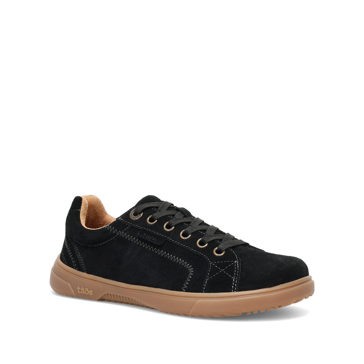 A single black suede low-top sneaker with black laces, gold eyelets, and a tan gum sole, shown from a side profile on a white background.
