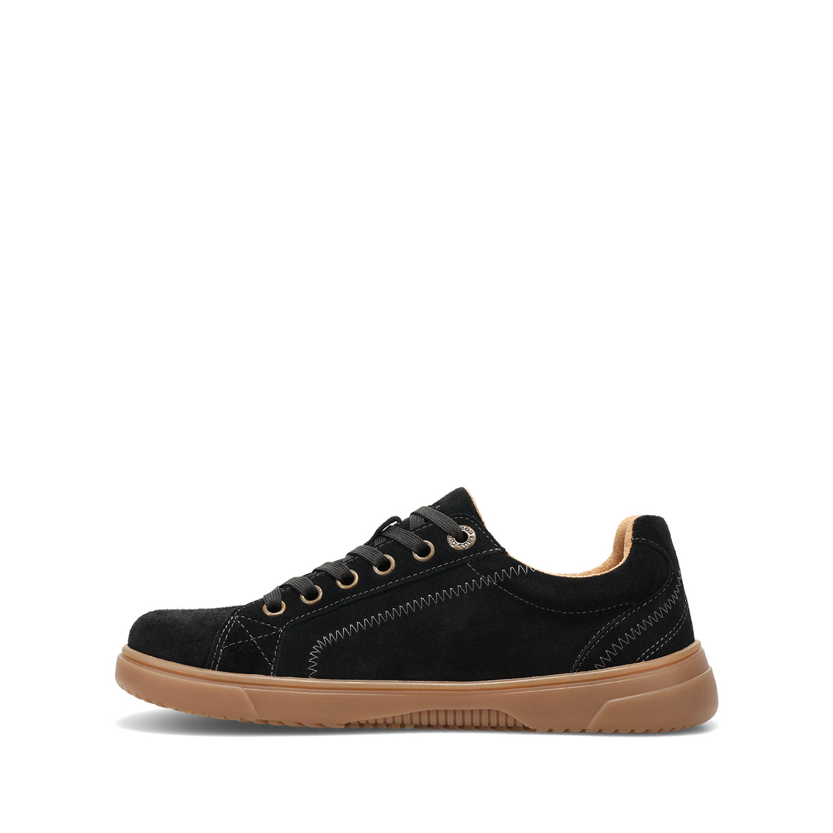 A black suede low-top sneaker with black laces, gold eyelets, and a thick tan rubber sole, shown in a side profile on a white background.