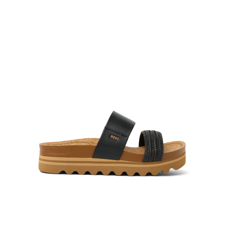 Black and brown sandal with 'Reef' branding on a white background