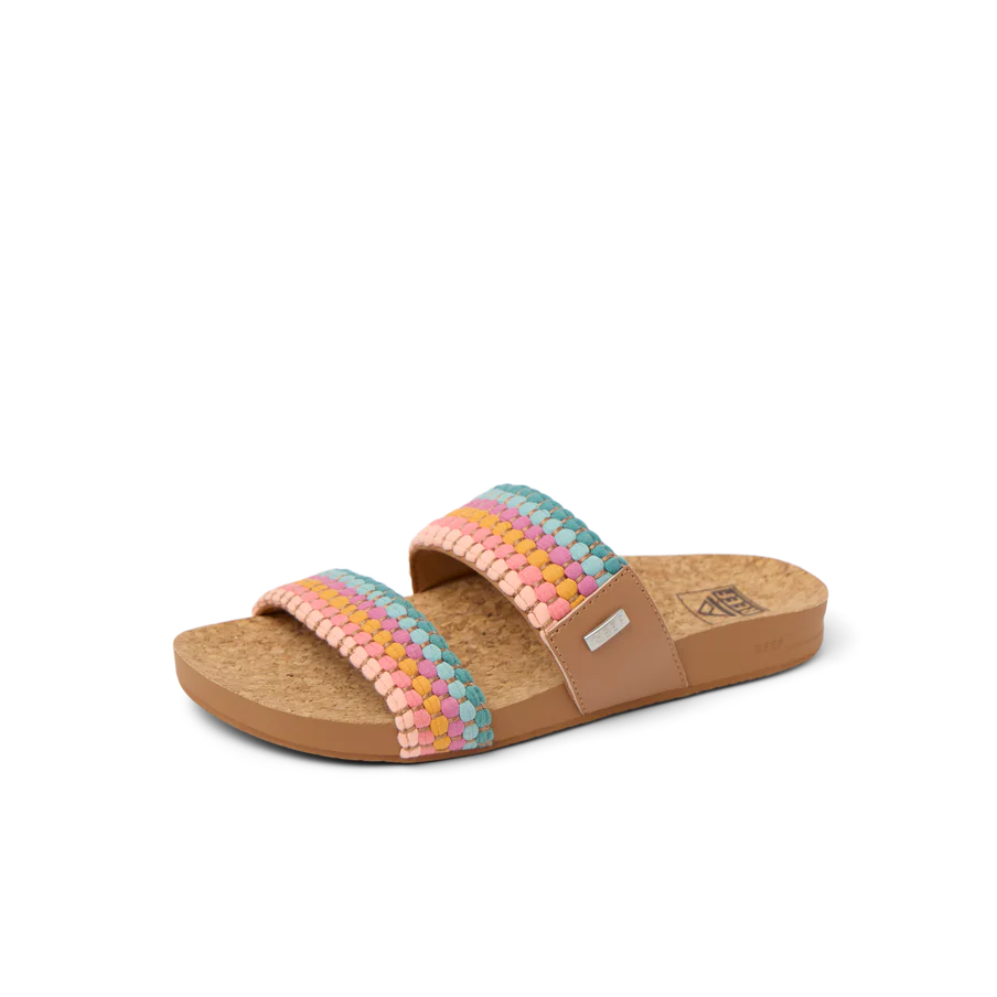 Multicolored sandal with cork sole on a white background