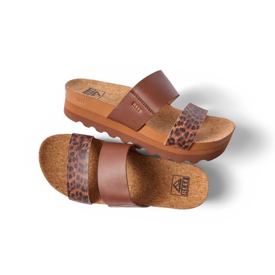 Brown sandals with leopard print straps on a white background