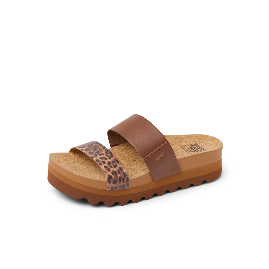 Brown sandal with leopard print strap on a white background