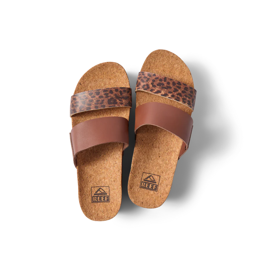 Pair of cork sandals with leopard print straps on a white background