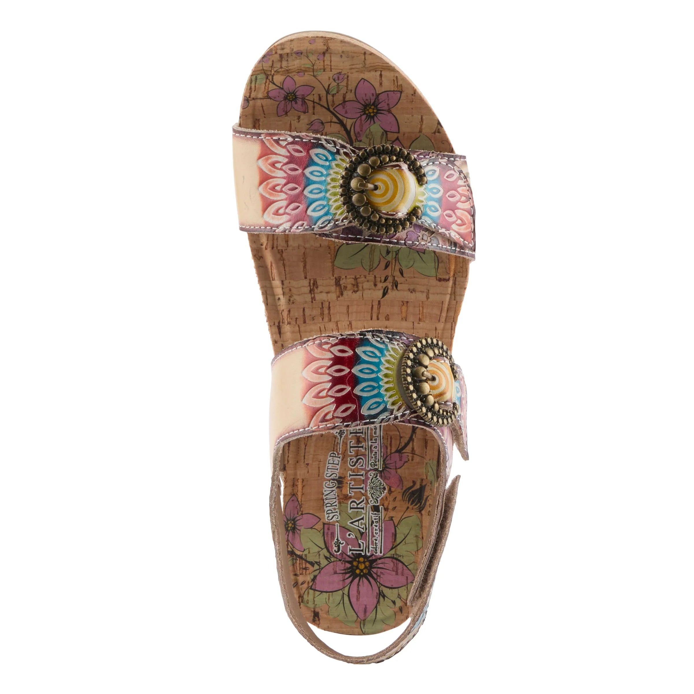 Colorful sandal with floral and patterned straps on a white background