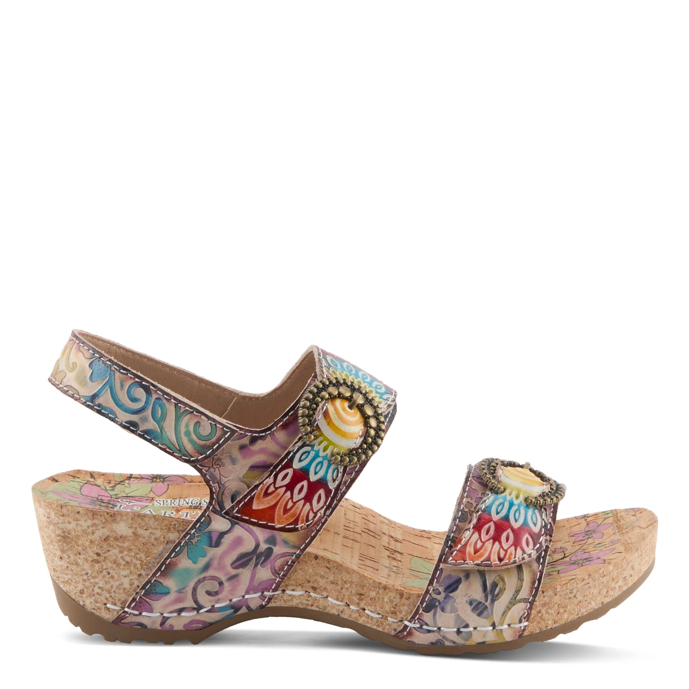Colorful wedge sandal with floral pattern on a white background