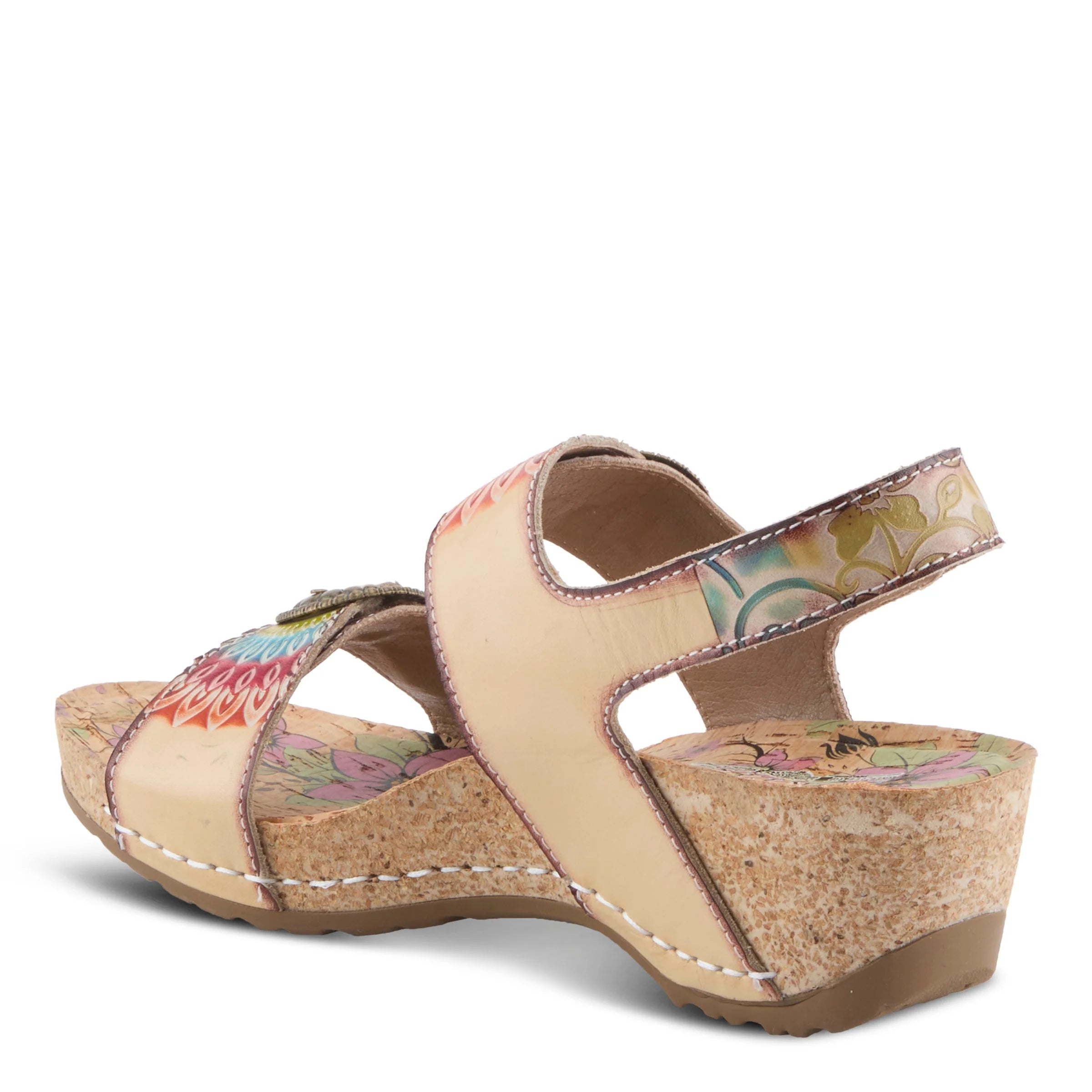 Beige wedge sandal with floral strap on a white background