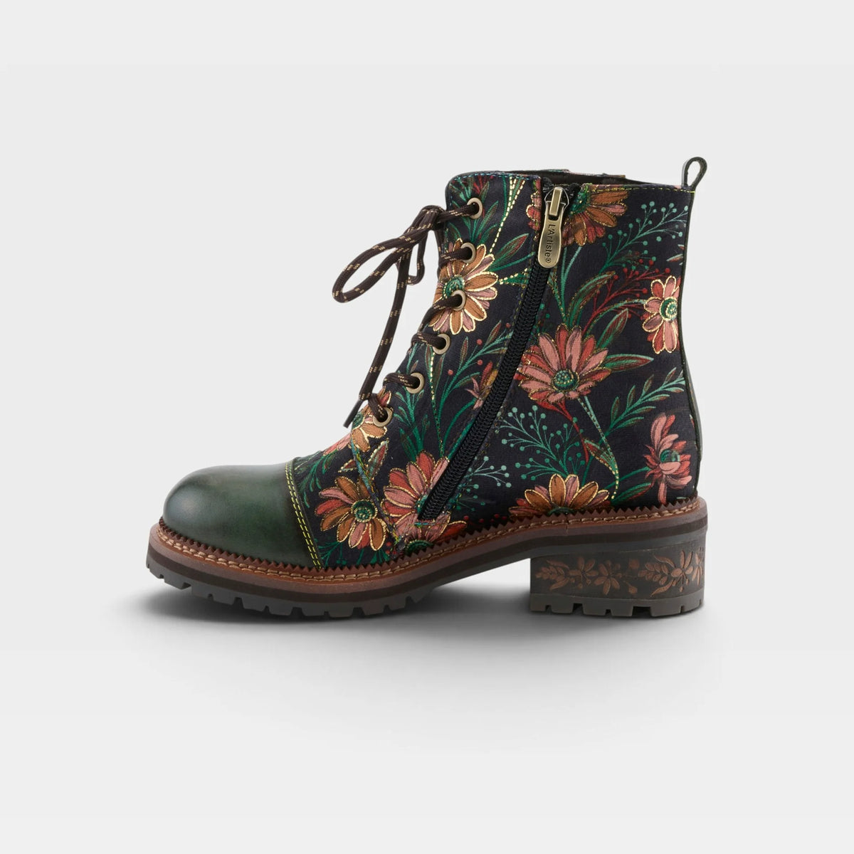 A lace-up ankle boot with a dark floral print, a green leather toe cap, and a brown lug sole, shown from a side profile on a light gray background.