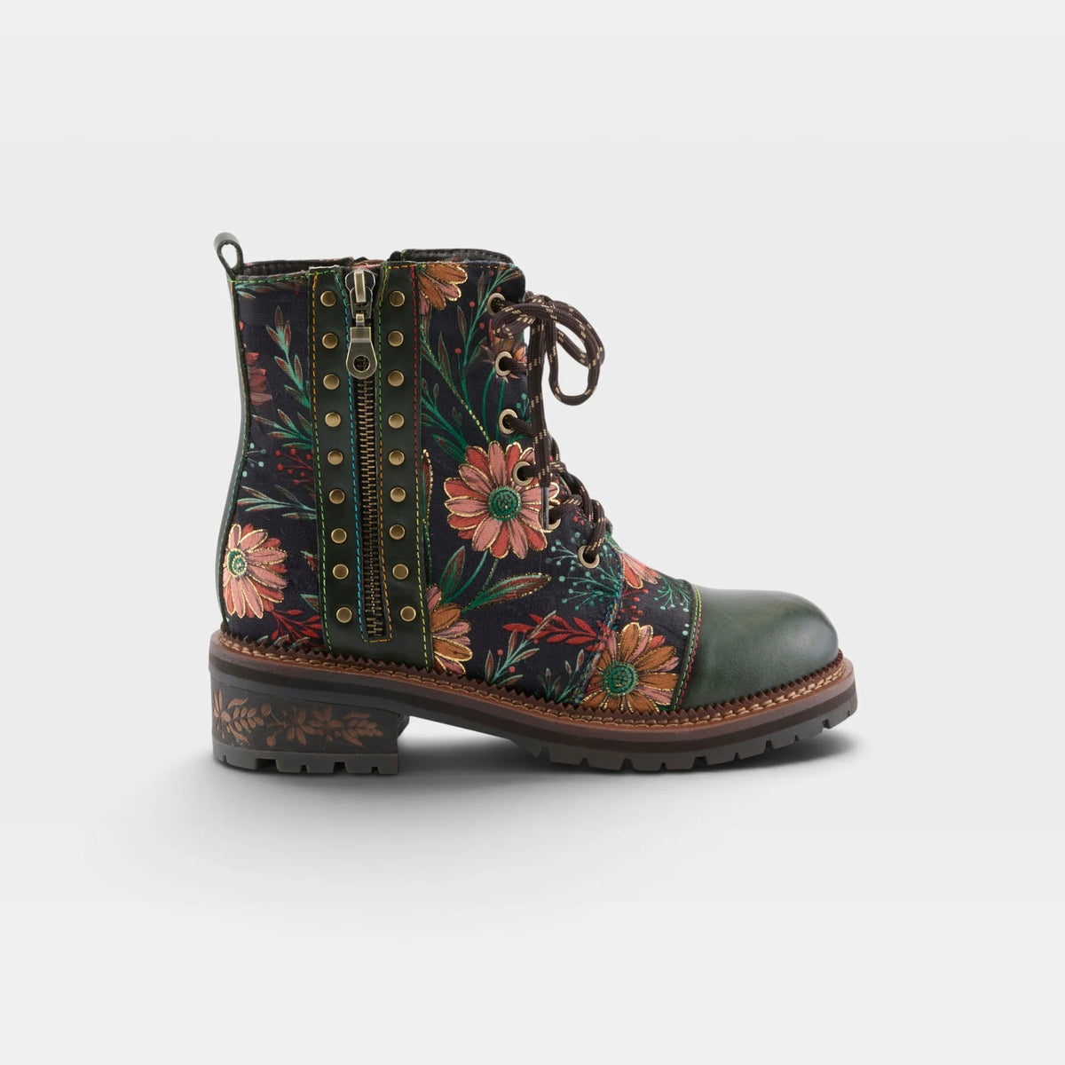 A single lace-up ankle boot with a dark floral print, a green toe cap, and a side zipper, shown from a side profile on a light gray background.