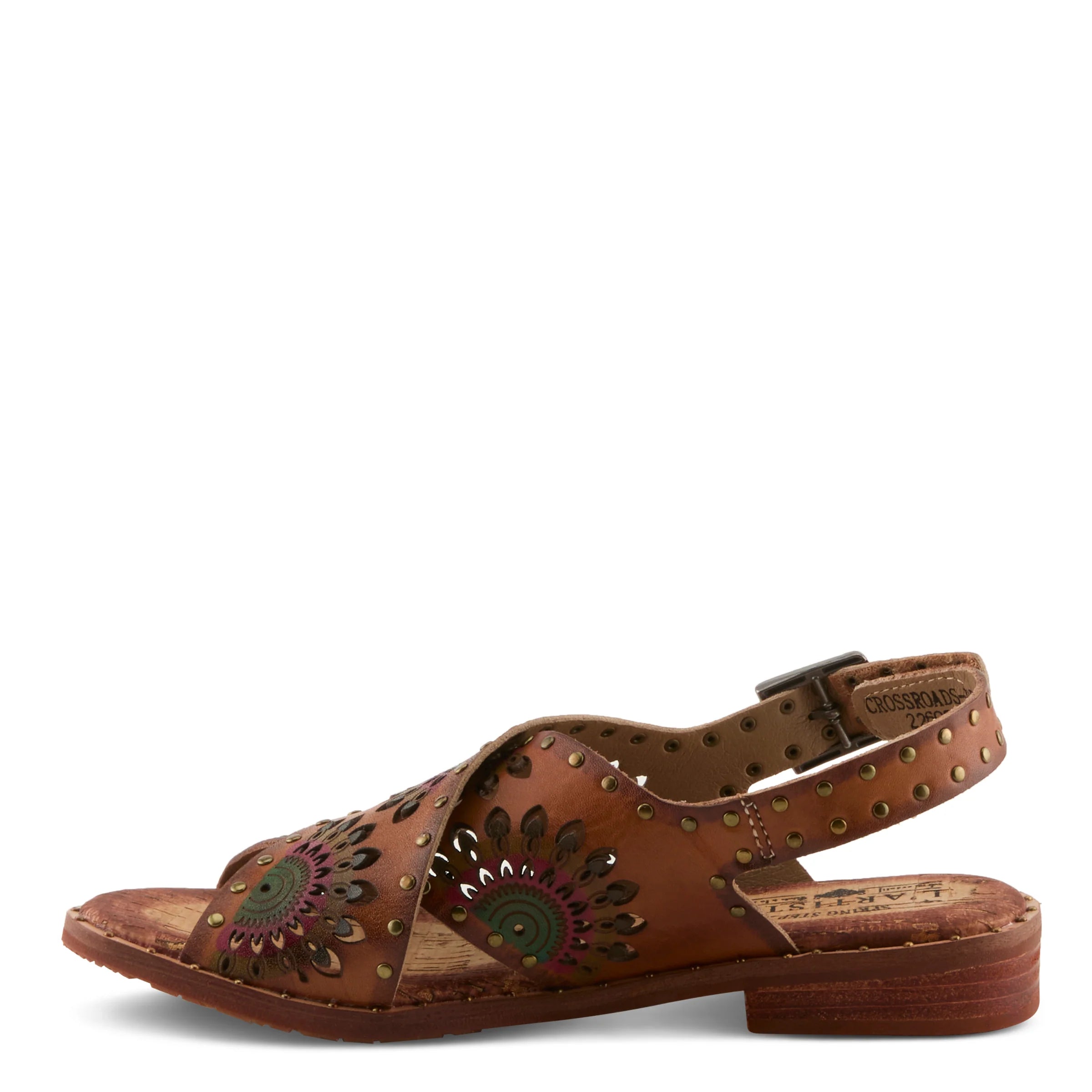 Brown sandal with floral patterns on a white background