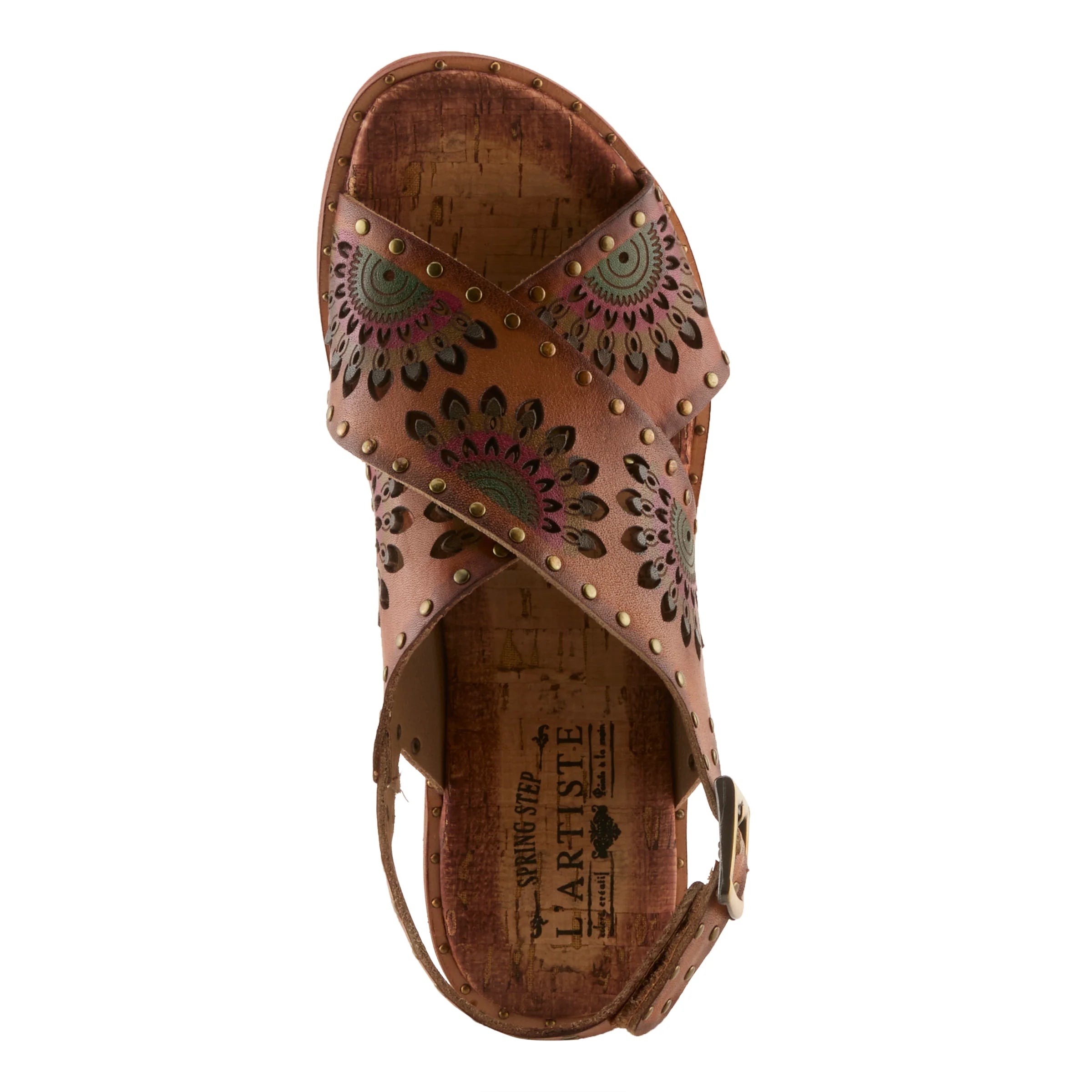 Brown sandal with decorative patterns and 'L'Artiste' branding on a white background
