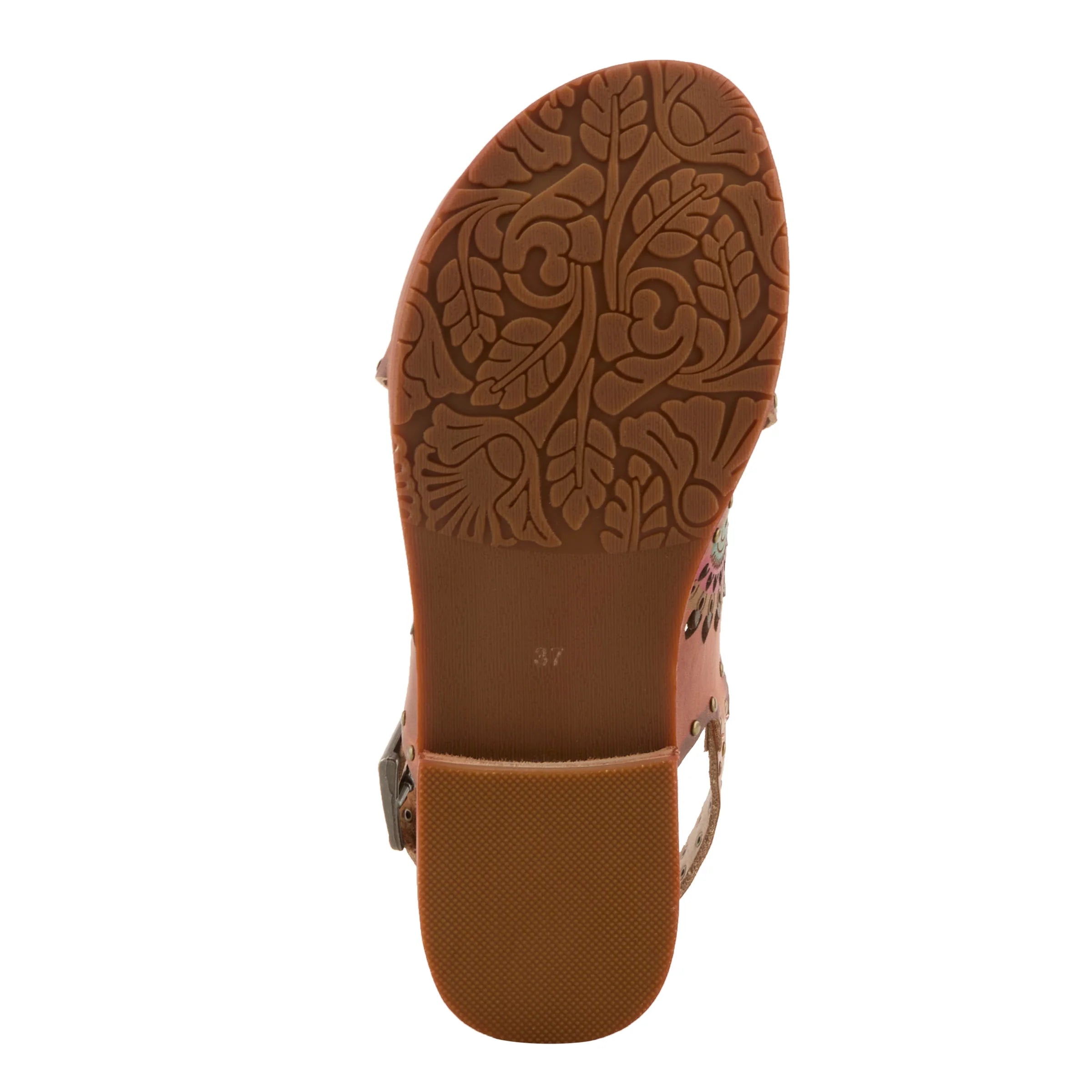 Brown sandal sole with embossed pattern on a white background
