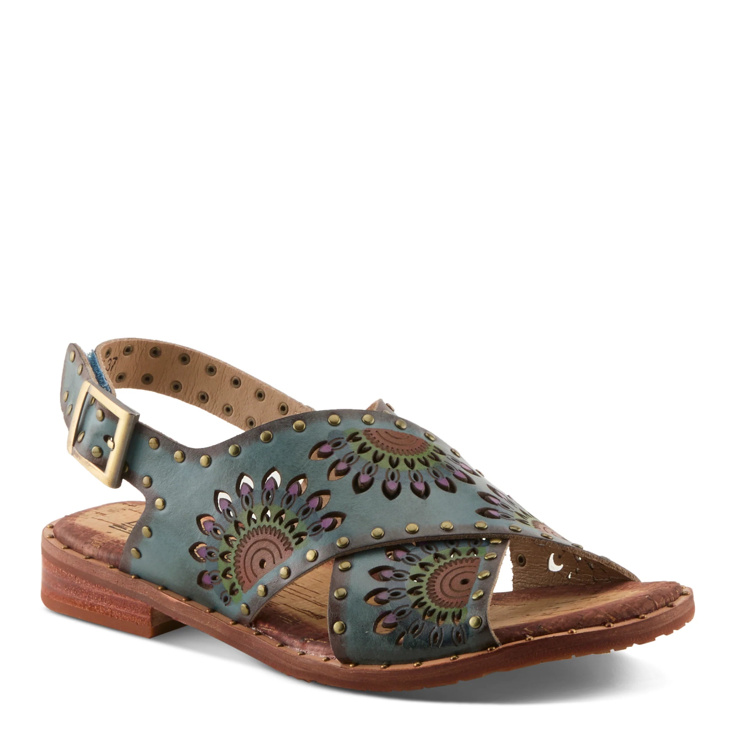 Blue sandal with decorative patterns and a brown sole on a white background