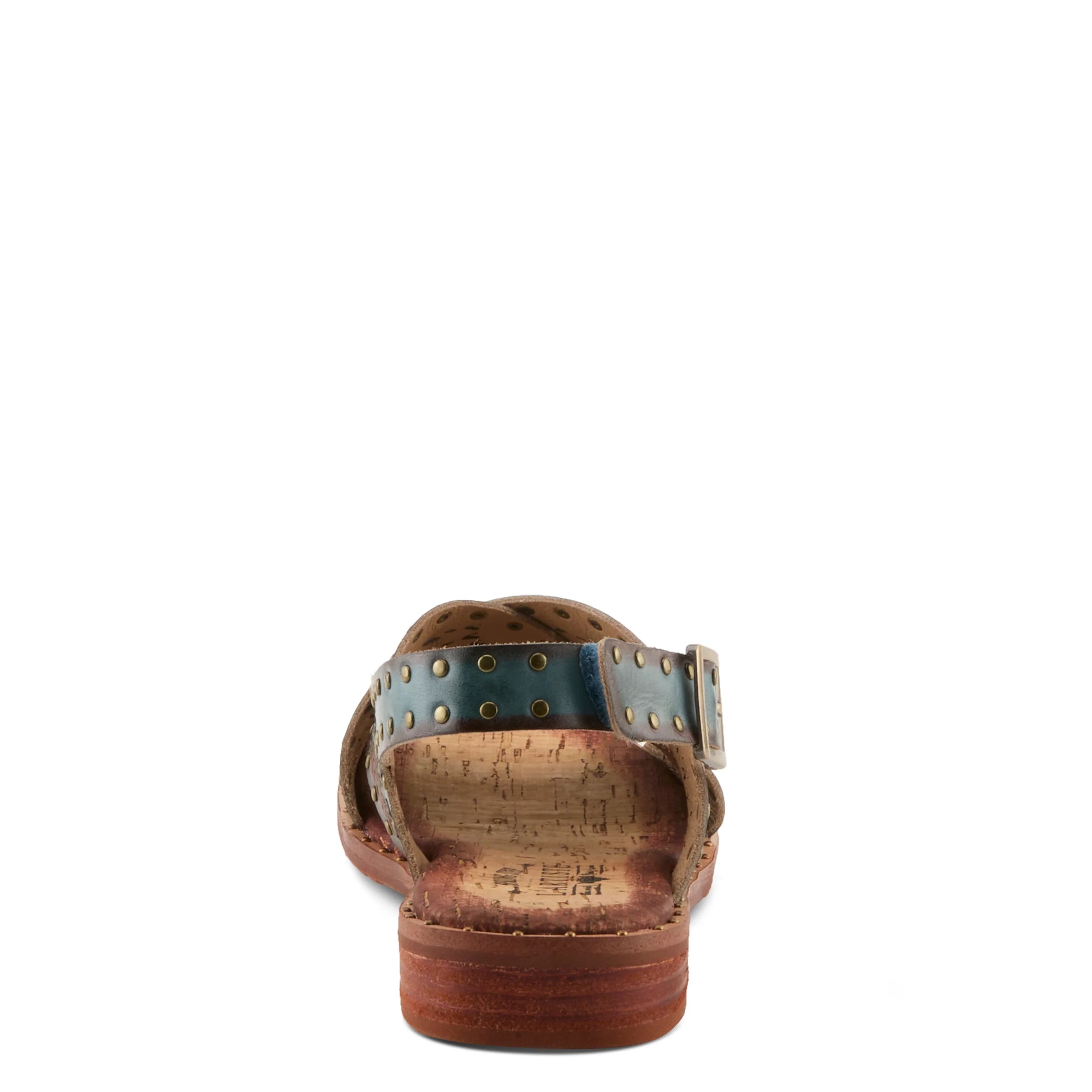 Back view of a sandal with a strap and cork sole on a white background