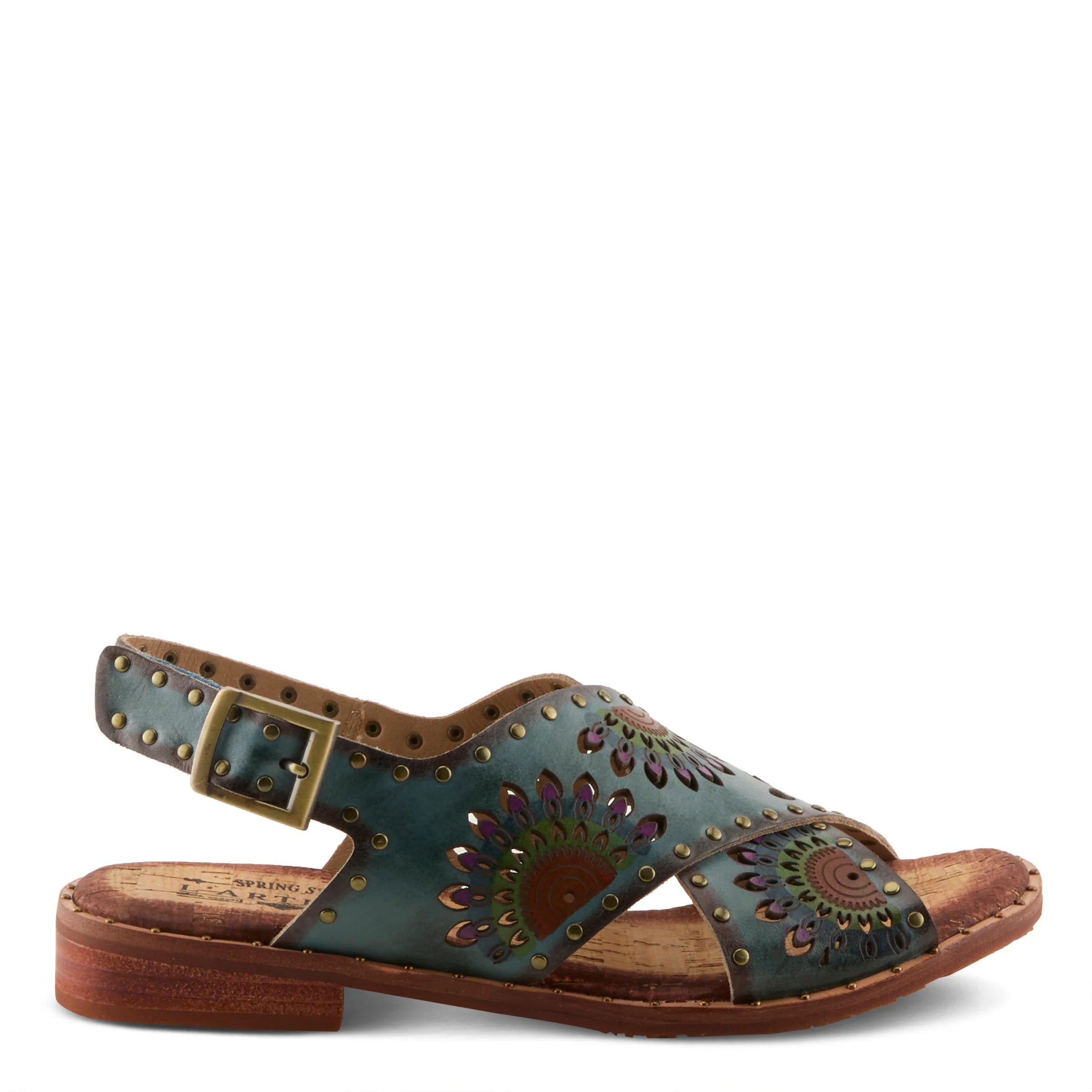 Green sandal with decorative patterns and a brown strap on a white background