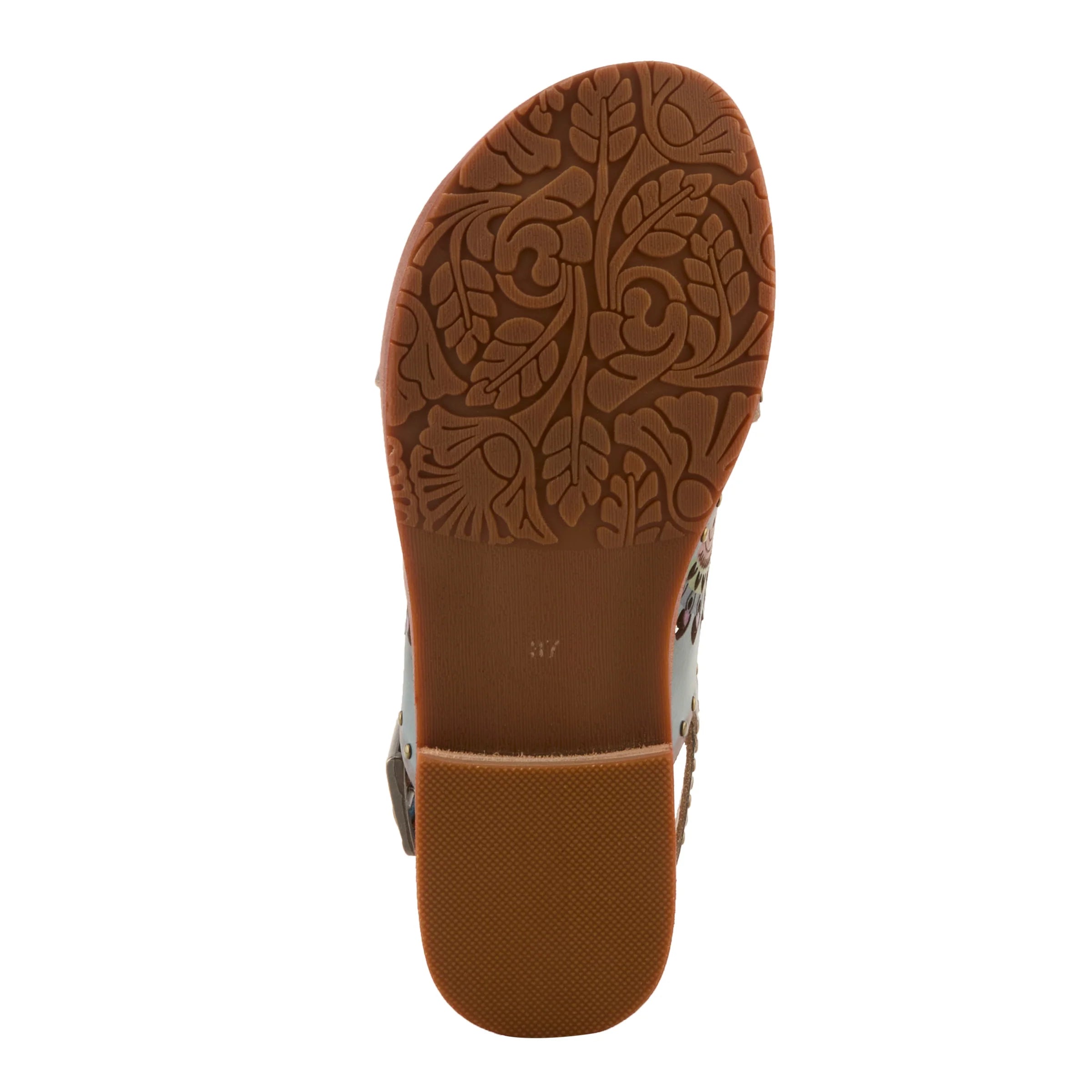 Brown sandal sole with intricate tread pattern on a white background