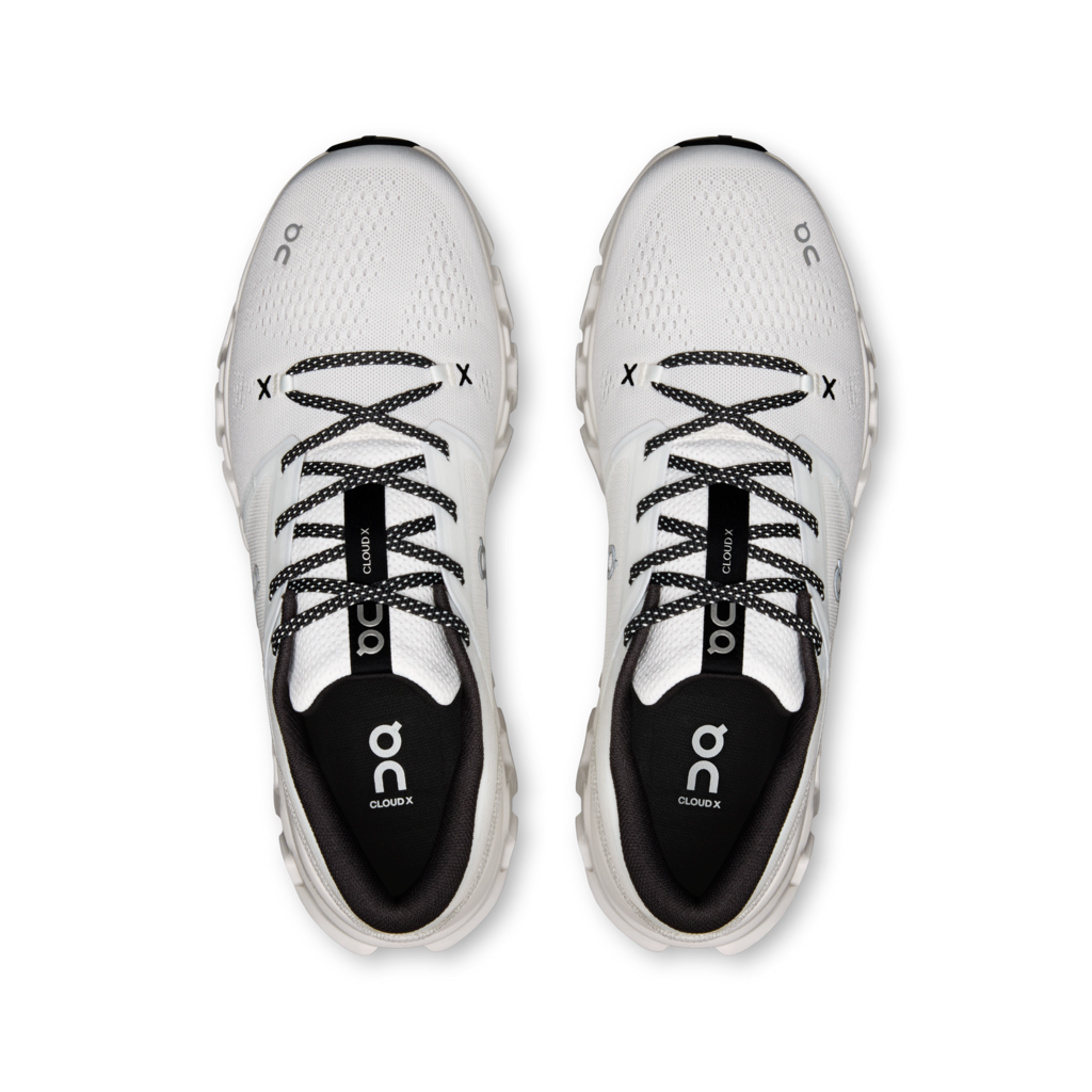 A pair of white and black On Cloudrunner sneakers shown from a top-down view on a clean white background.