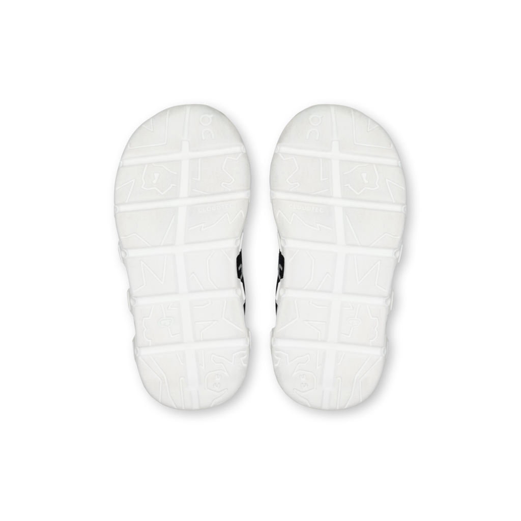 A pair of white athletic shoes shown from the sole view, featuring a grid-like tread pattern on a clean white background.