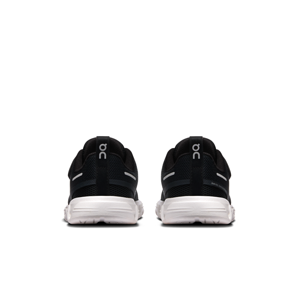 Black running shoes shown from the back, featuring a black upper, white sole, and a small white On logo on the heel.