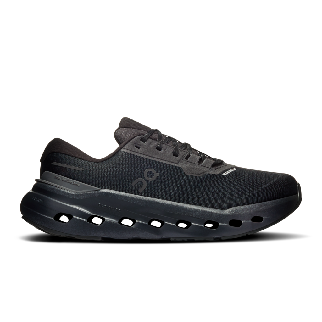 Black running shoe with visible brand logo on a white background