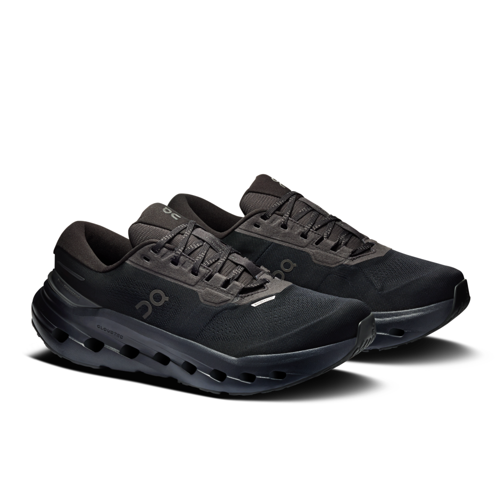 Black running shoes on a white background