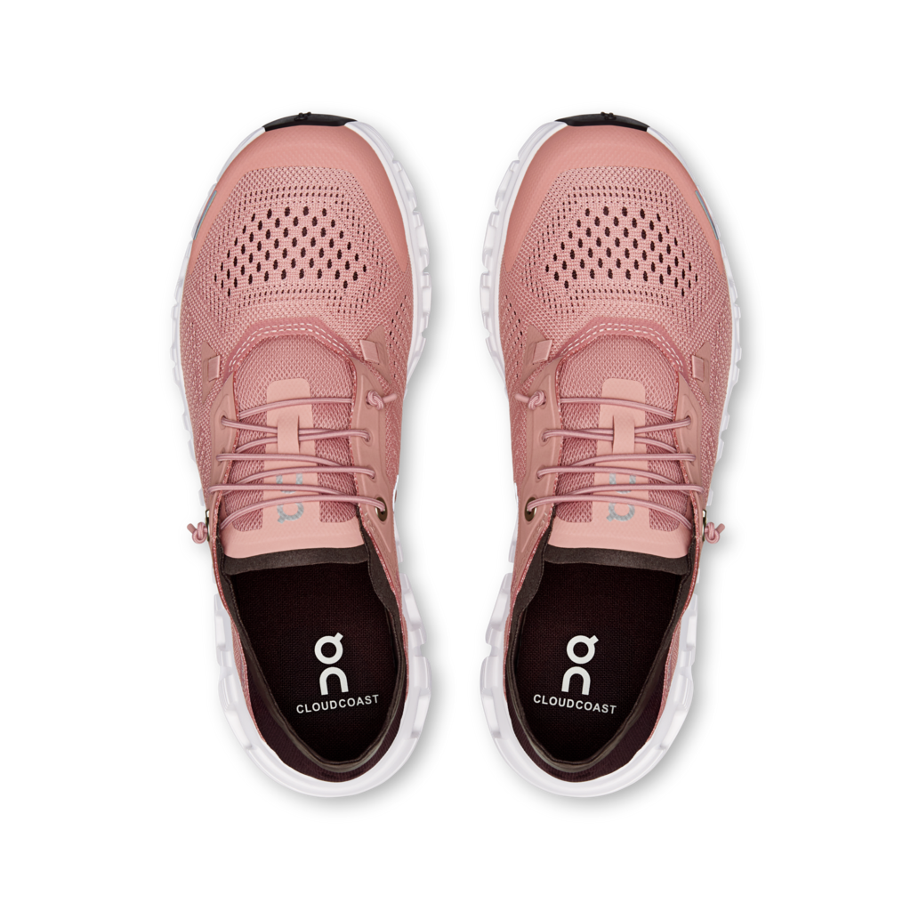 A pair of Cloud Coast running shoes in a dusty pink colorway, shown from a top-down view on a clean white background.