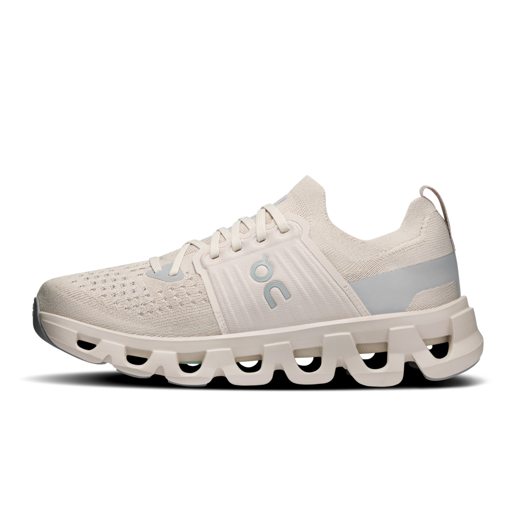 White running shoe with brand logo on a white background