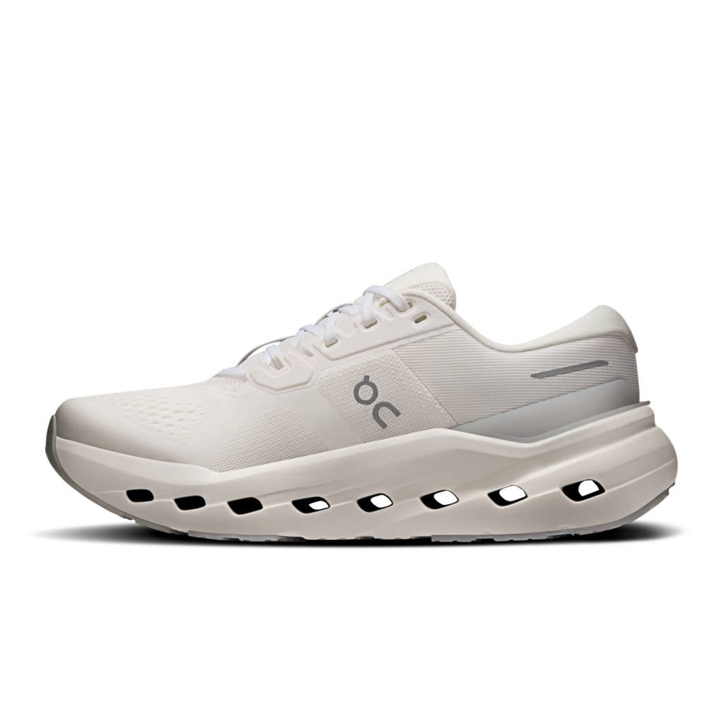 White running shoe with brand logo on a transparent background