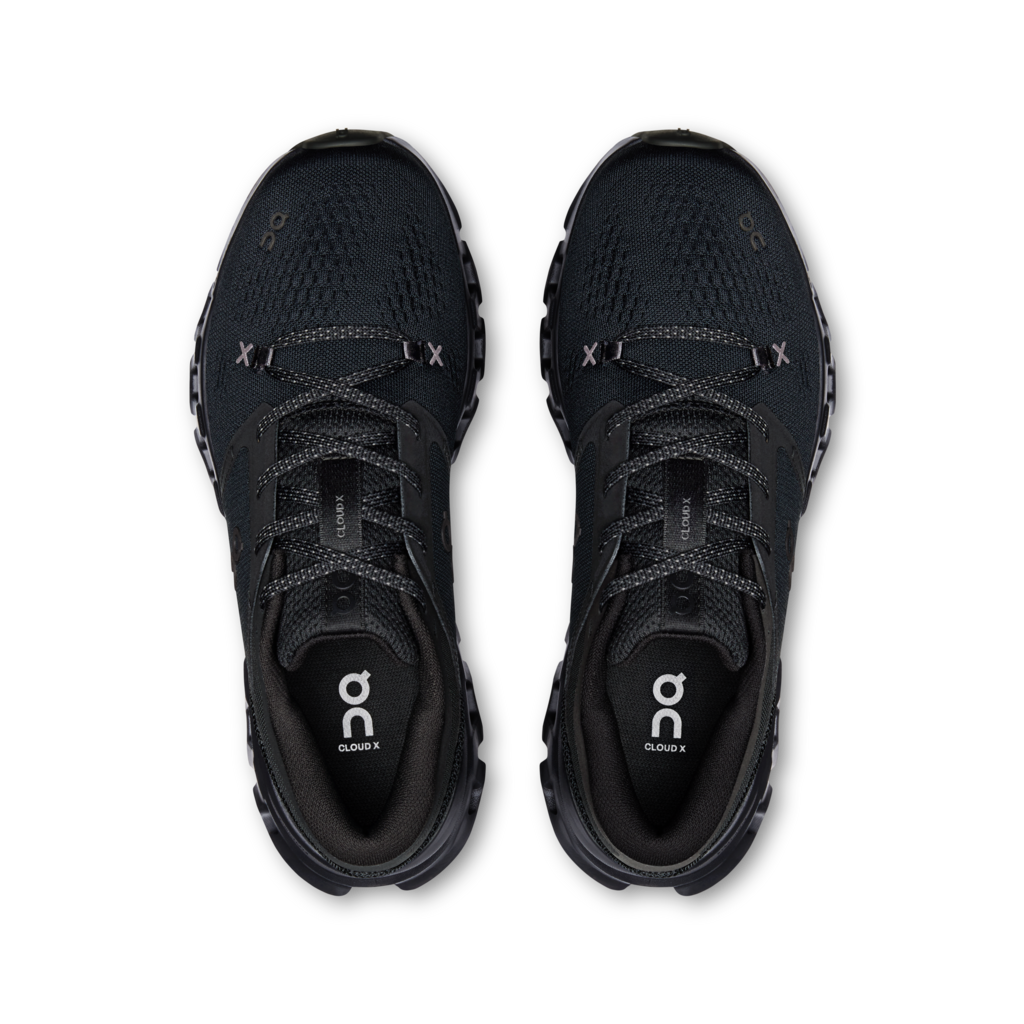A pair of black On Cloud running shoes shown from a top-down view against a plain white background.