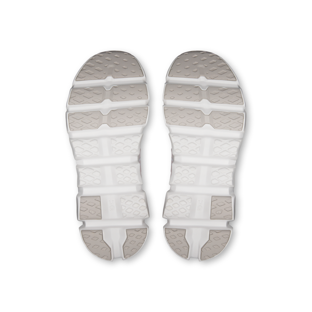 Top view of white sandals with textured sole on a white background