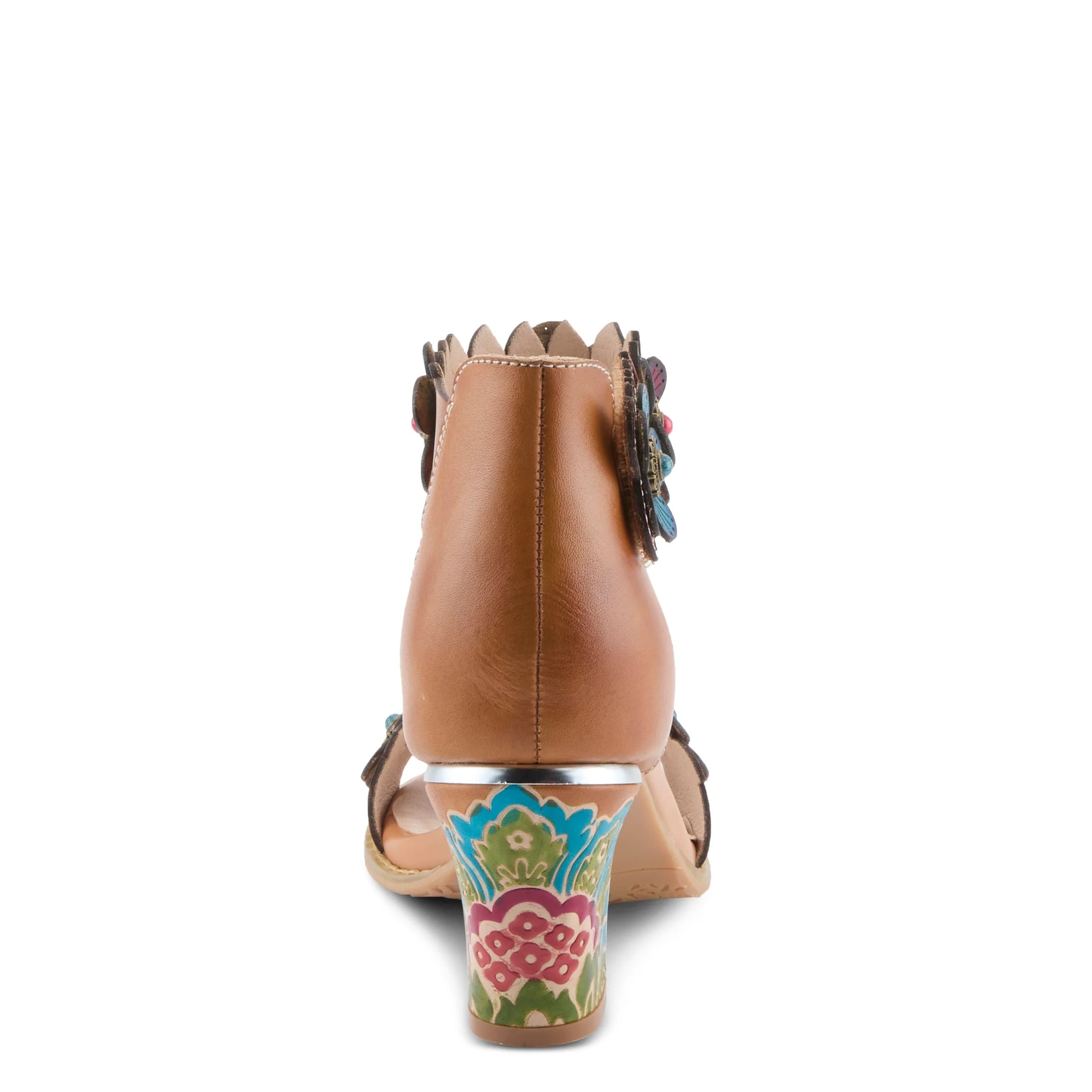 Tan sandal with colorful sole design on a white background