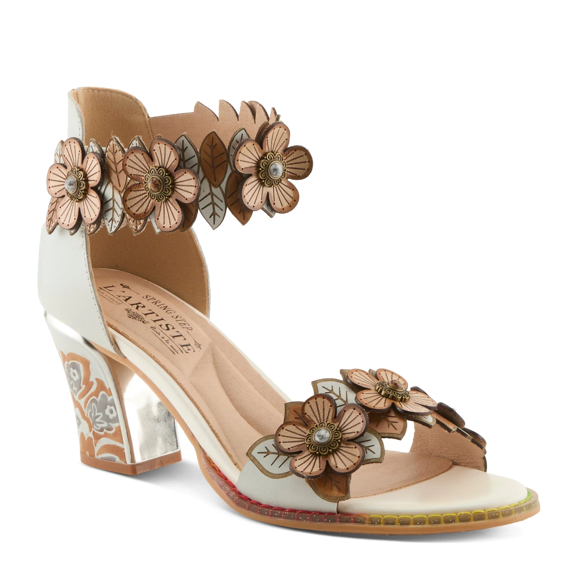 High-heeled sandal with floral designs on a white background