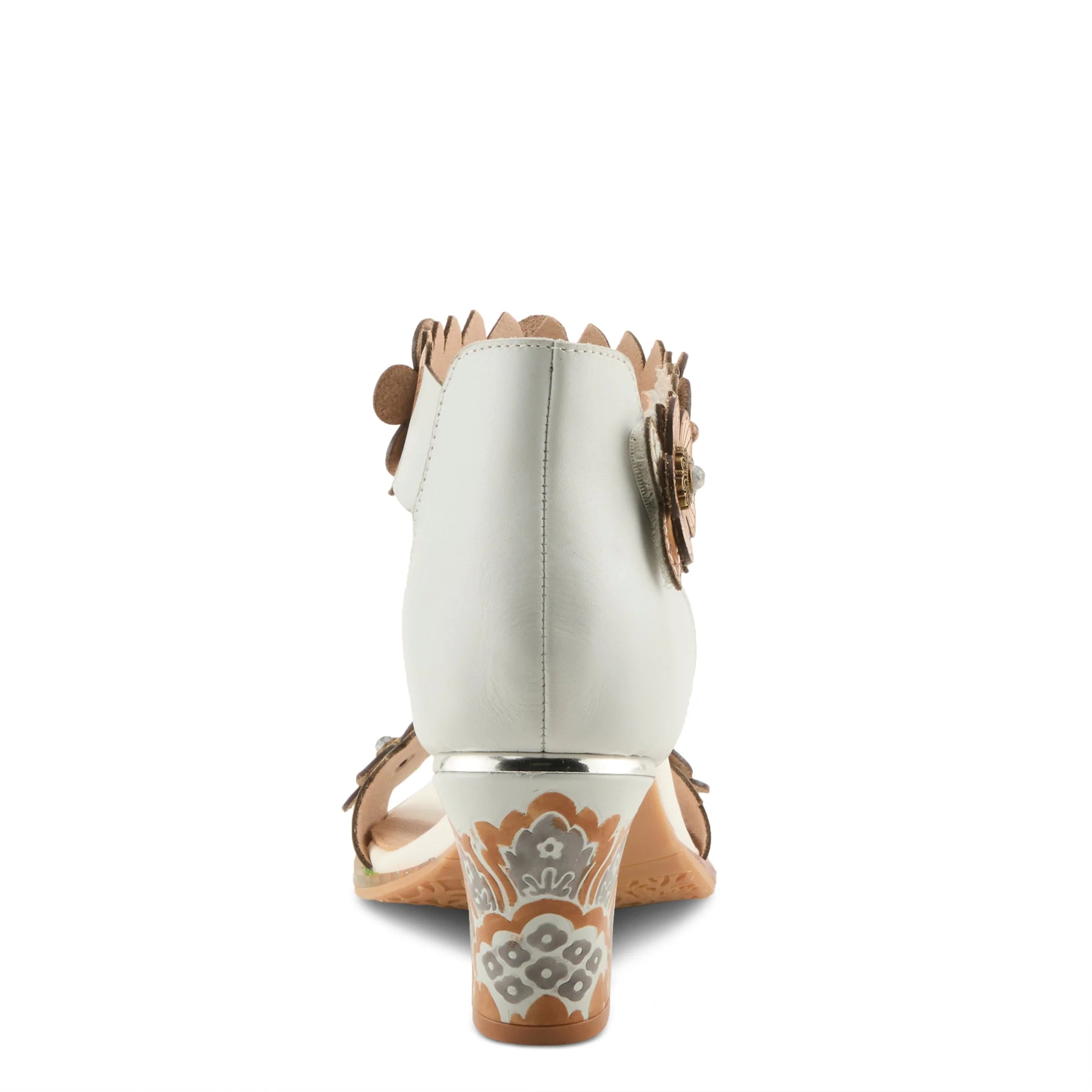 White sandal with decorative heel and brown straps on a white background