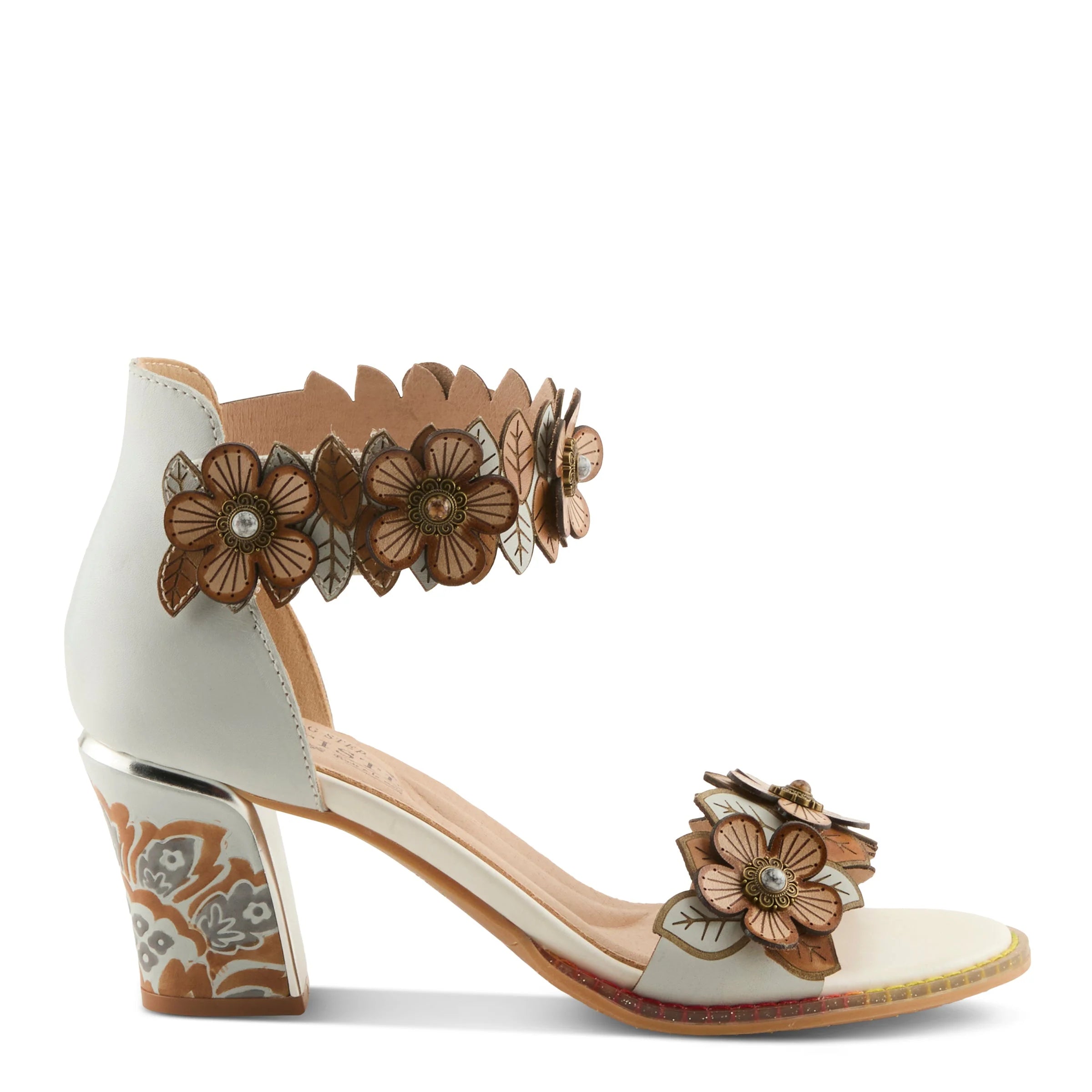 High-heeled sandal with floral decorations on a white background