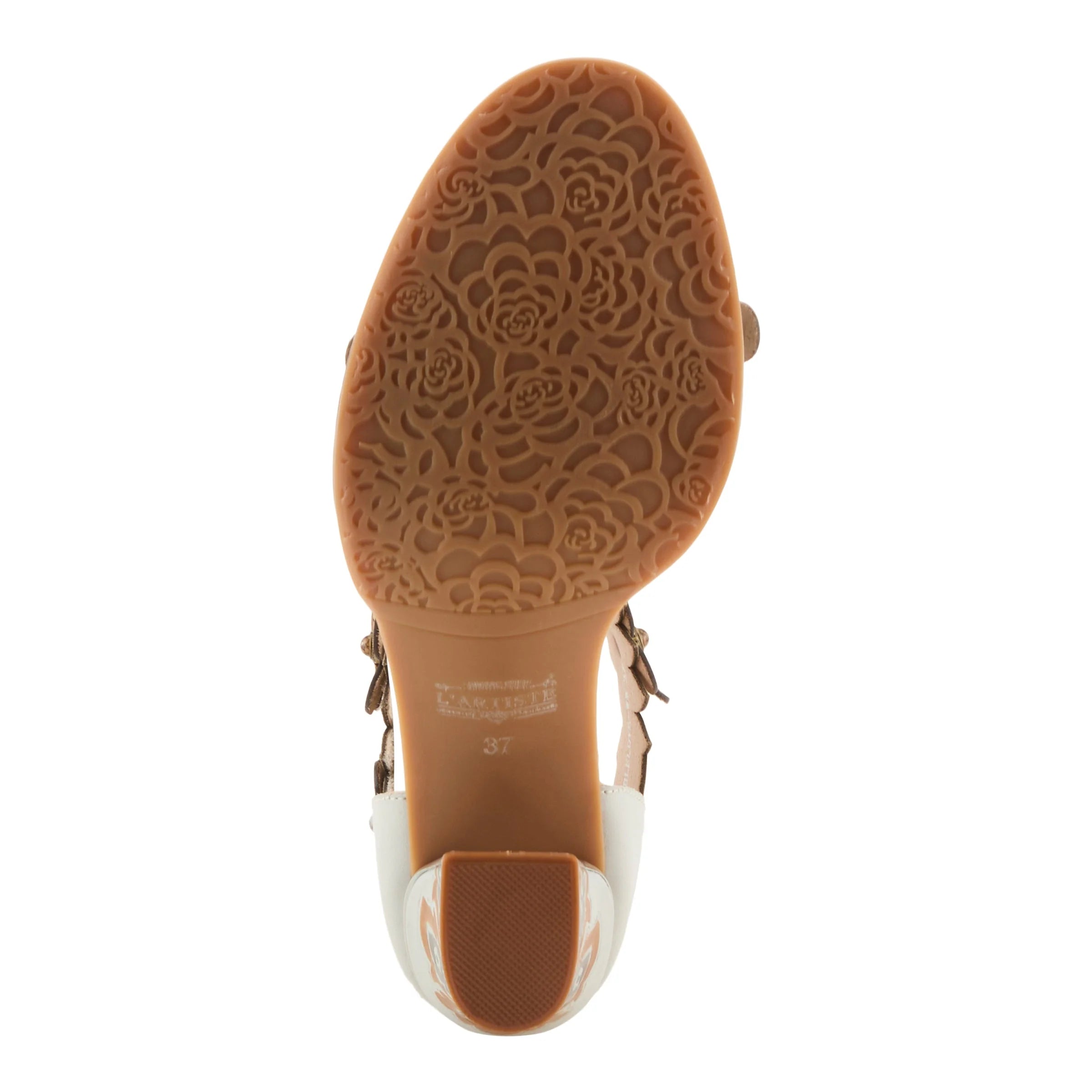 White sandal with brown sole on a white background