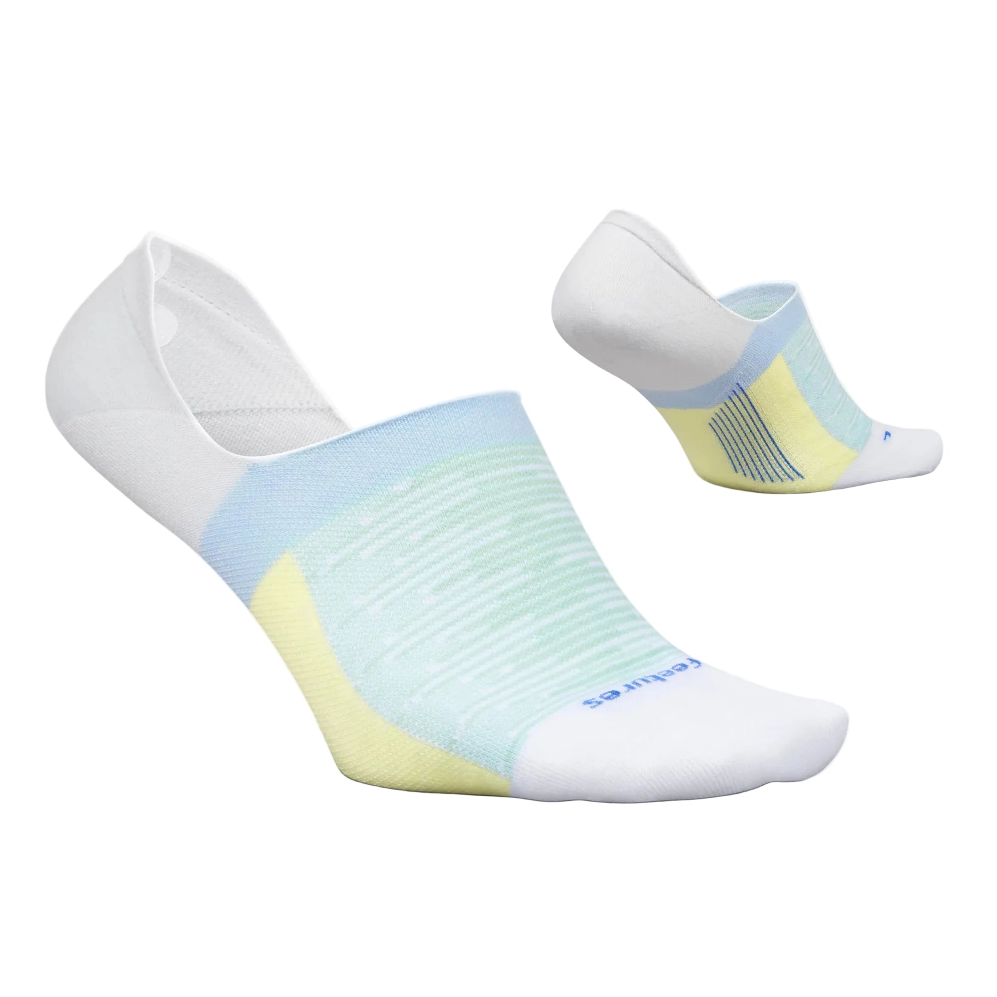 Pair of light blue and yellow socks on a white background