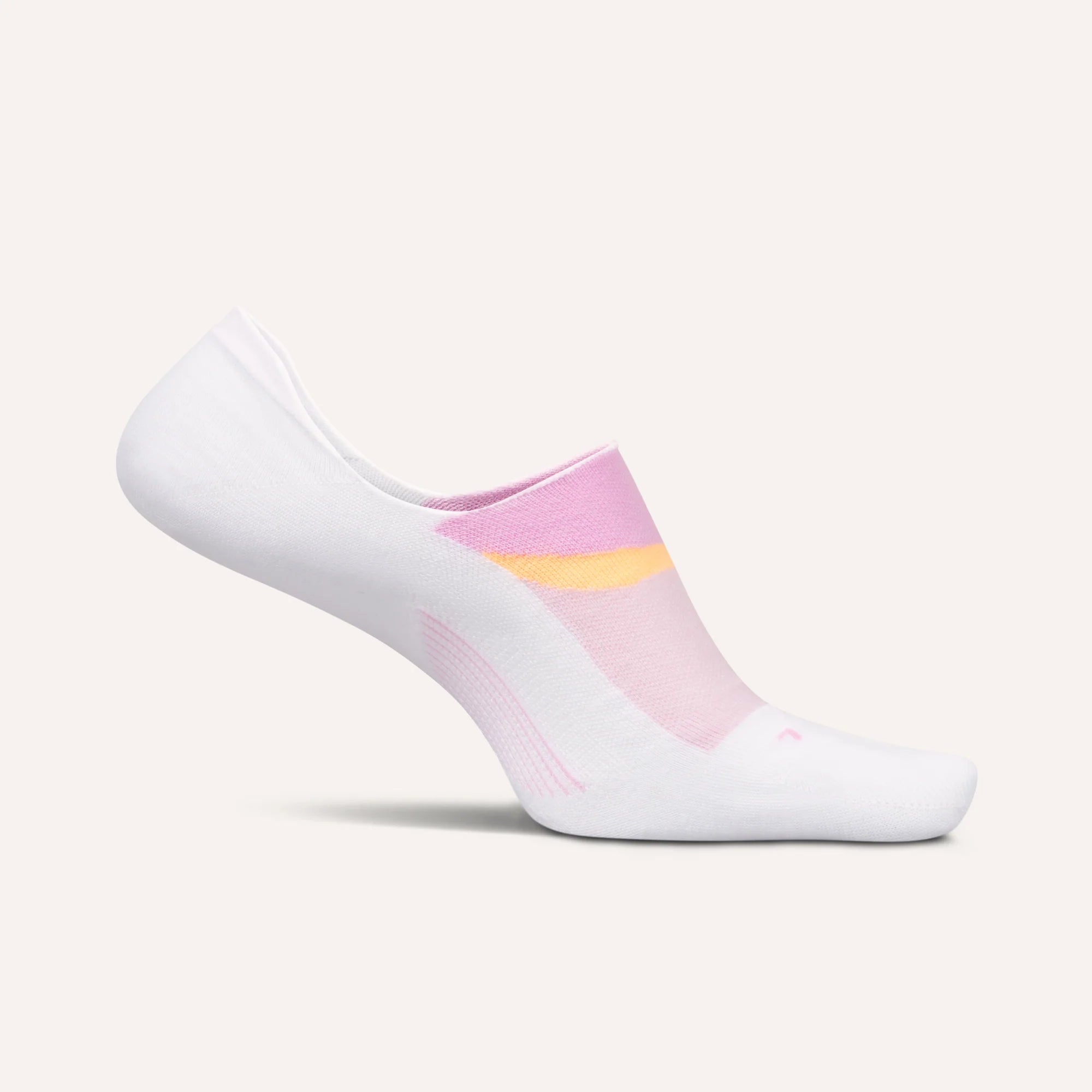 White ankle sock with pink and yellow accents on a white background