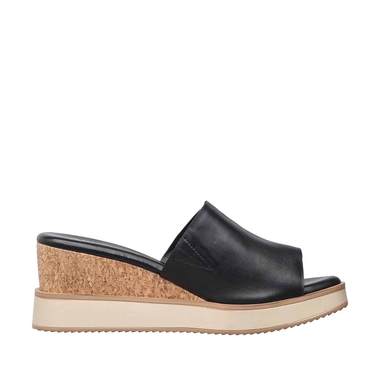 Black wedge sandal with cork sole on a white background