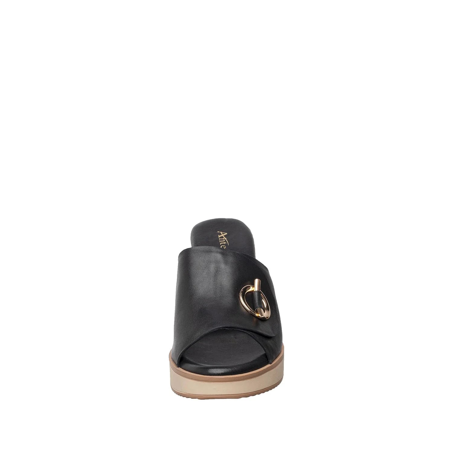 Black sandal with a gold buckle on a white background