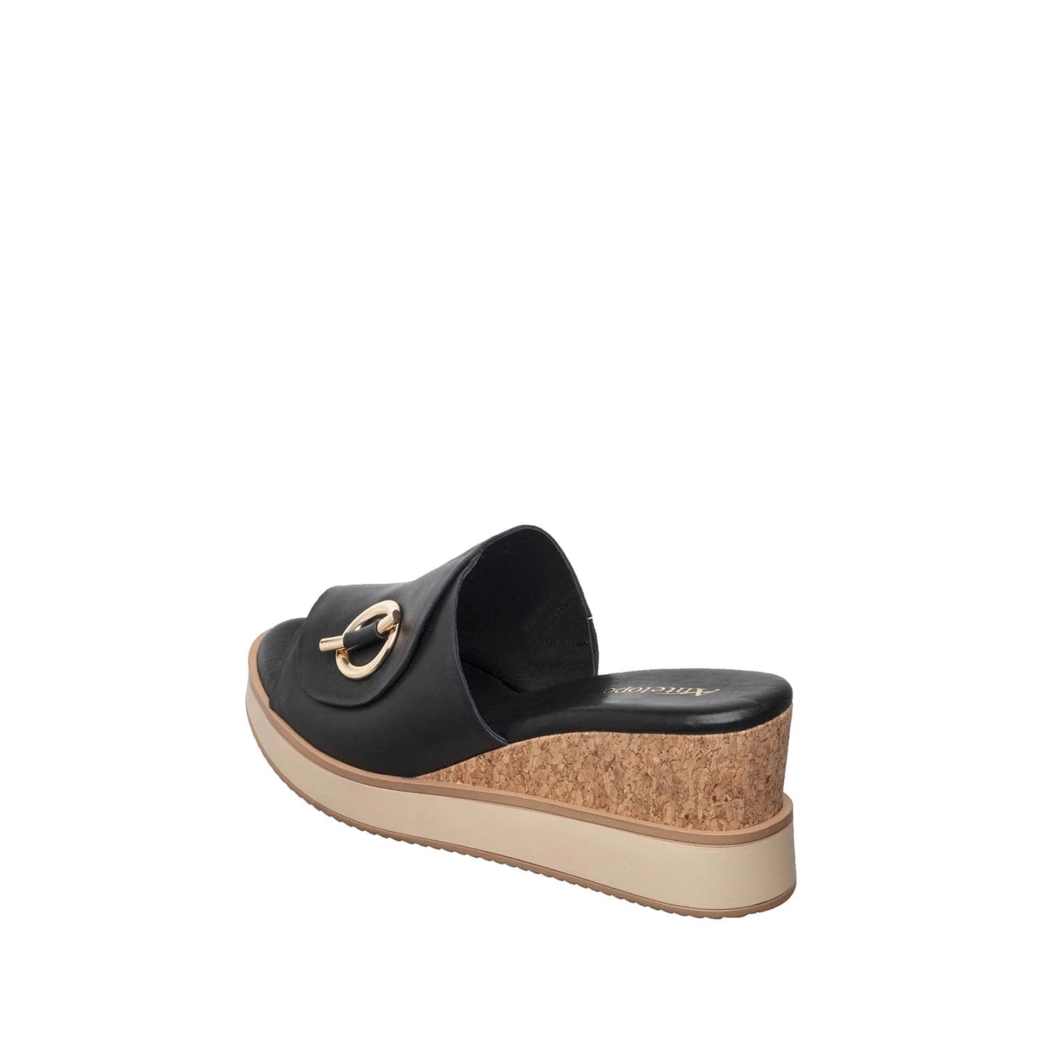 Black wedge sandal with cork sole on a white background