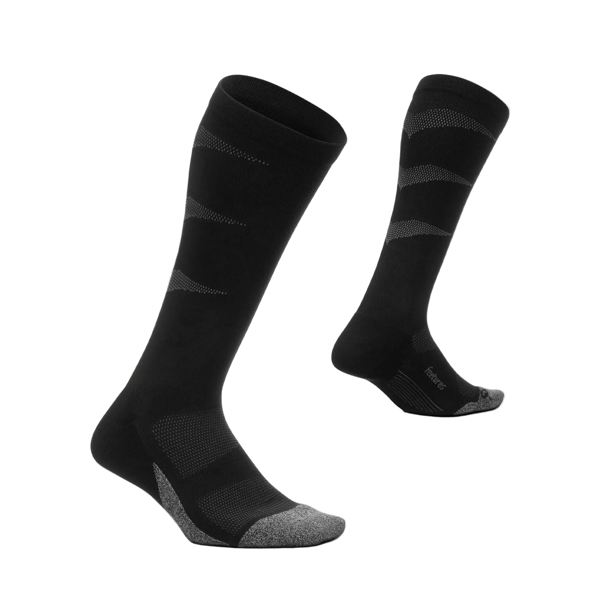 Pair of black socks with gray accents on a white background